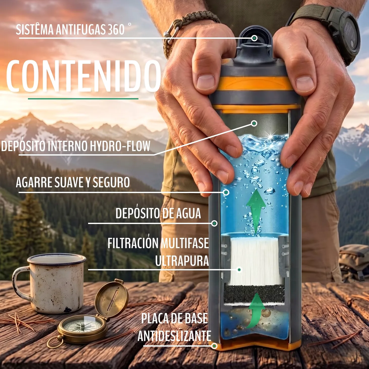 Botella con filtro de agua supervivencia, 500 ml, con mosquetón | Para senderismo y emergencias: jarra de agua con filtro que hace potable cualquier río en segundos