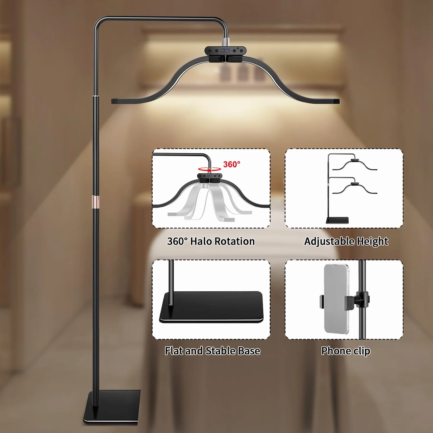 Nubes Lampara de Pie LED Anillo Belleza para Extensiones de Pestañas con Soporte Teléfono, Brillo y Altura Ajustables