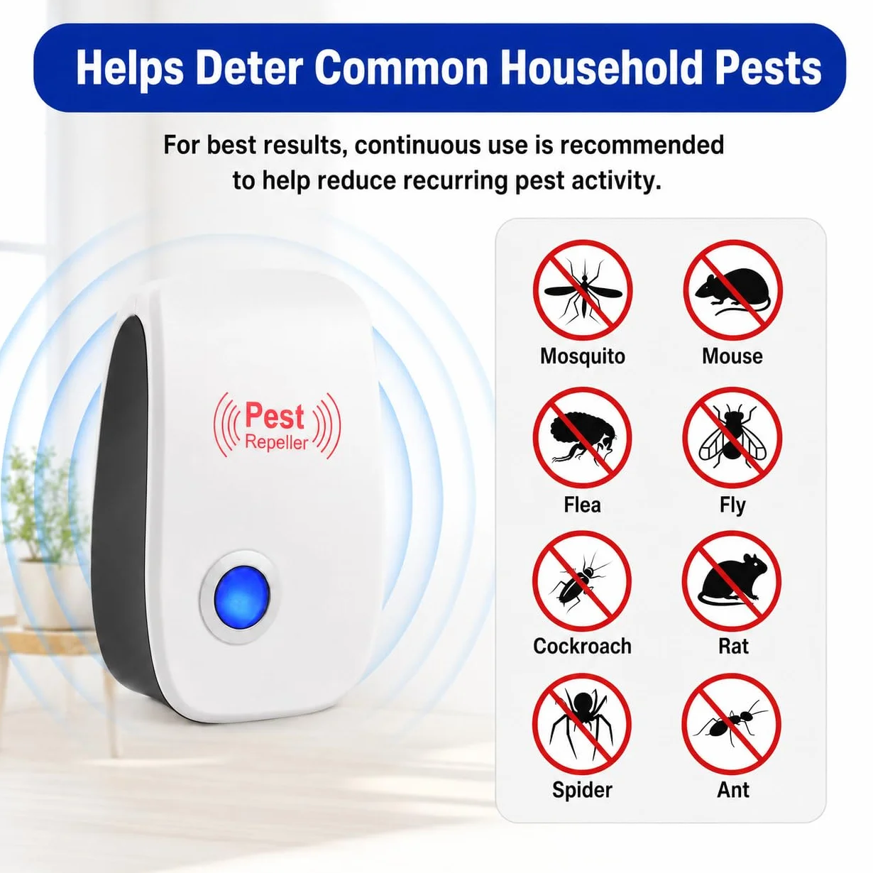 Repelente Ultrasónico de Plagas, Anti Mosquitos Eléctrico para Moscas, Cucarachas, Arañas, Ratones y Hormigas
