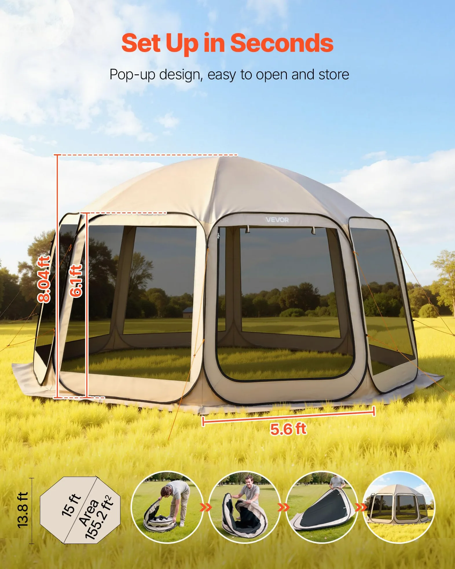 VEVOR Tienda de campaña con mosquitera, 10 x 9 pies, tienda de campaña desplegable para 4-8 personas, toldo con bolsa de transporte, lados de red, estacas para el suelo, para jardín, patio