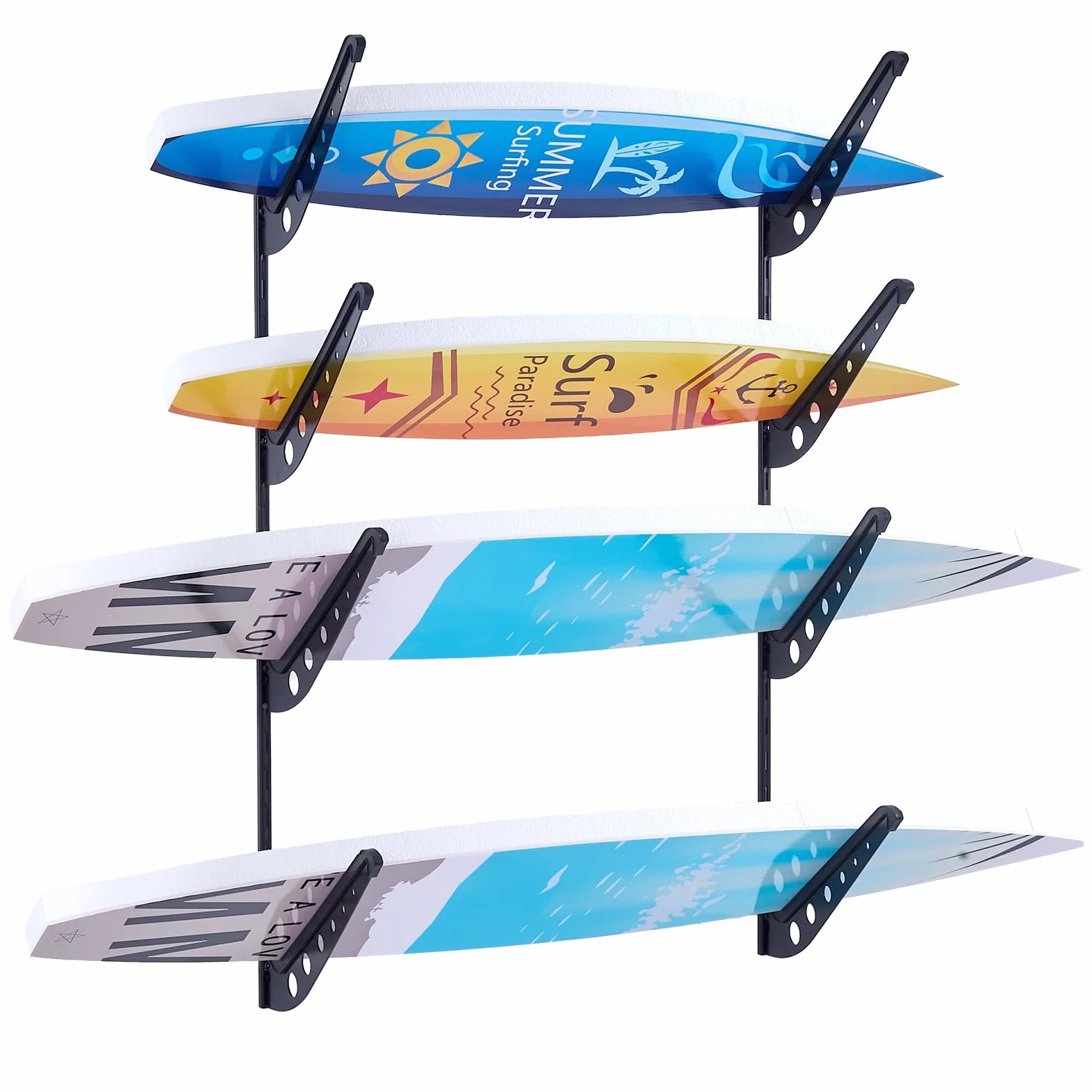 VEVOR Soporte de Pared para Tablas de Surf, Soporte Horizontal para Tablas de Surf de 4 Niveles para Almacenamiento y Exhibición, Organizador Ajustable para Kiteboards, Esquís y Snowboards, Negro
