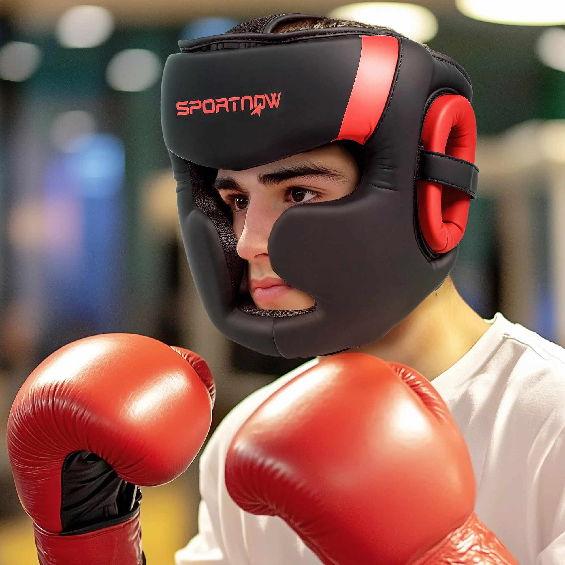 SPORTNOW Casco de Boxeo MMA con Correa Ajustable Protector de Cabeza Talla L Rojo y Negro