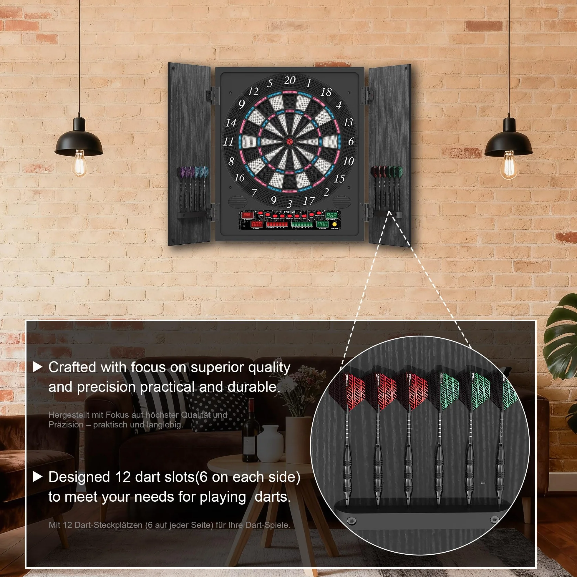 CyeeLife Diana electrónica con gabinete de Madera, Juego de Dardos electrónico, Tablero de Dardos con 34 Juegos y 355 Variantes, Modo para 8 Jugadores, Pantalla LED, Voz Alemana