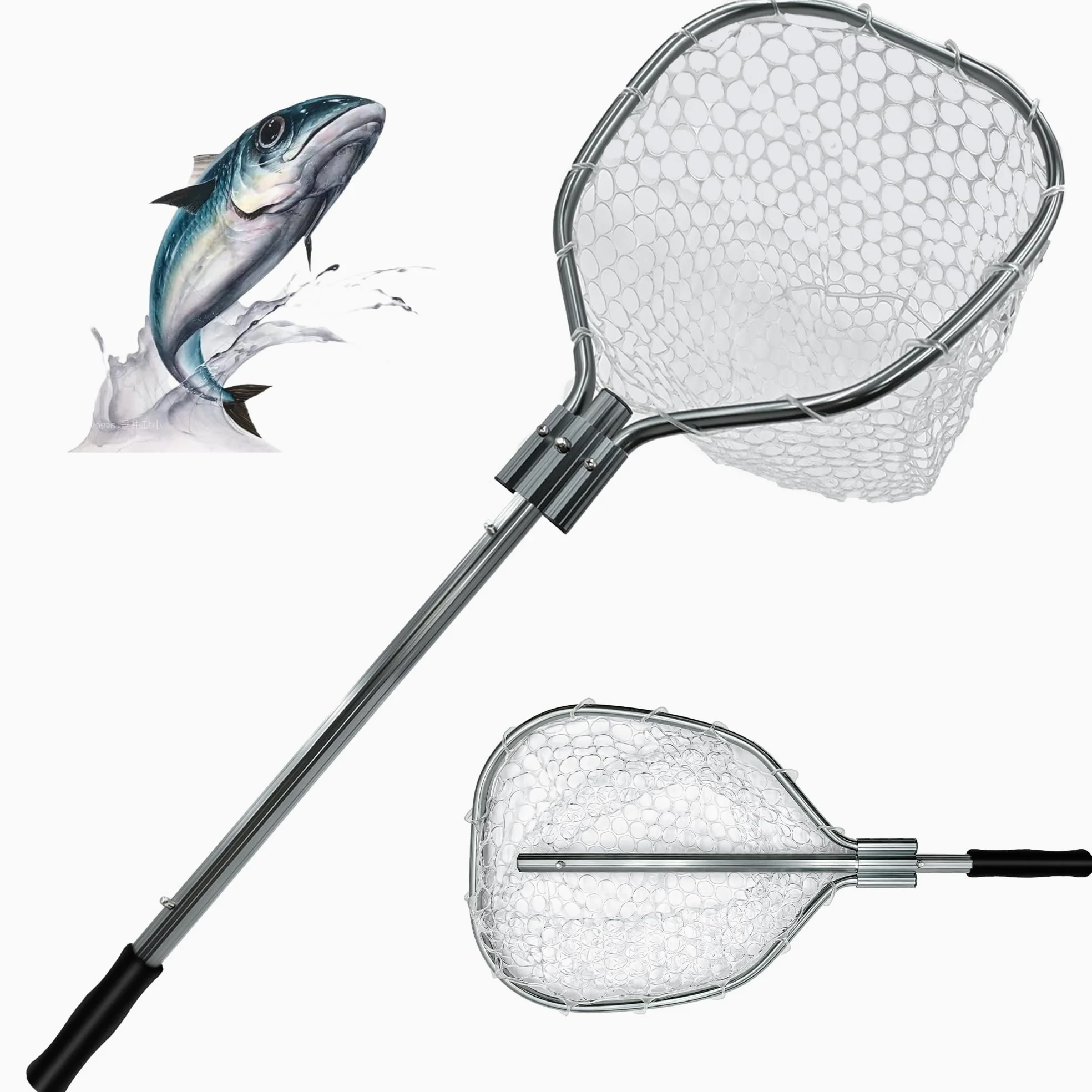Red de pesca ligera flotante con mango telescópico, red de aterrizaje de goma para agua dulce y salada, red de pesca portátil con mango de espuma EVA suave, malla apta para peces para una