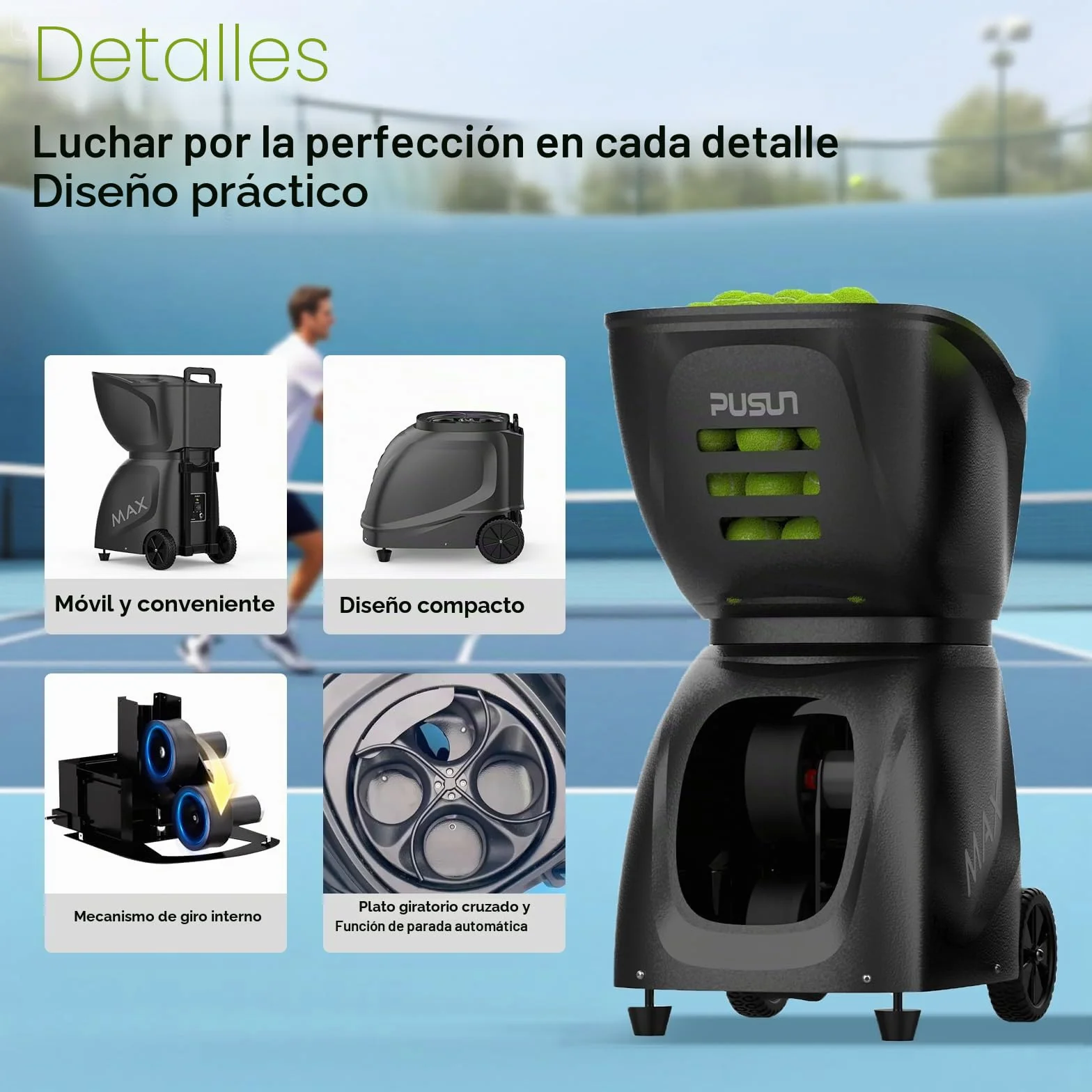 PUSUN PT-Max C - Lanzador de pelotas de tenis, más de 145 pelotas, doble aplicación y control remoto, 28 modos de entrenamiento de autoprogramación, negro, 1 artículo