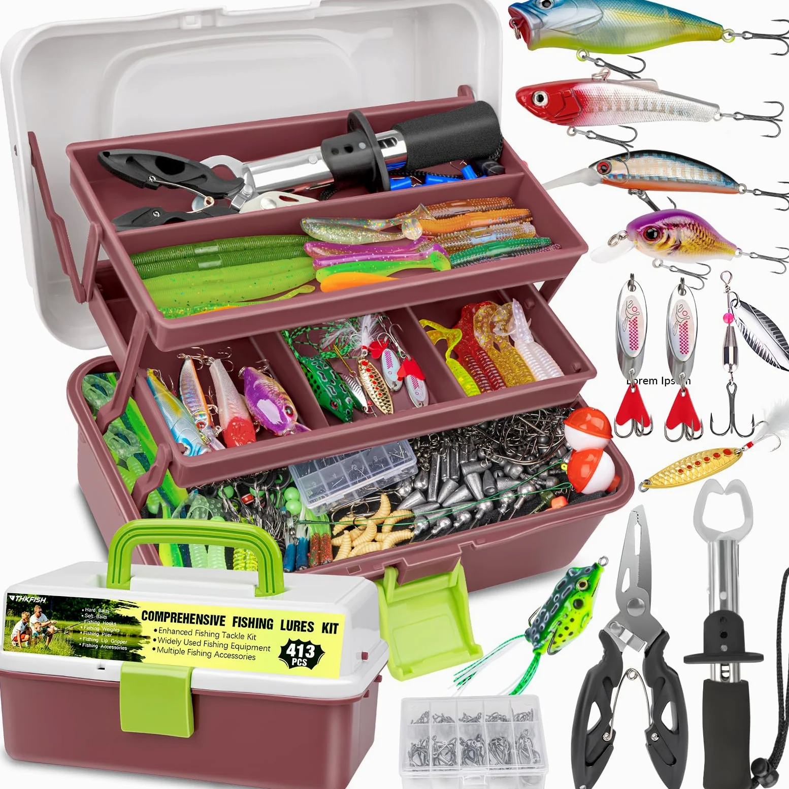THKFISH Caja de aparejos de 3 capas con aparejos incluidos, 413 piezas de señuelos de pesca, accesorios y herramientas. El kit contiene cebo, ganchos, pesos, plomos, alicates de pesca de lubina