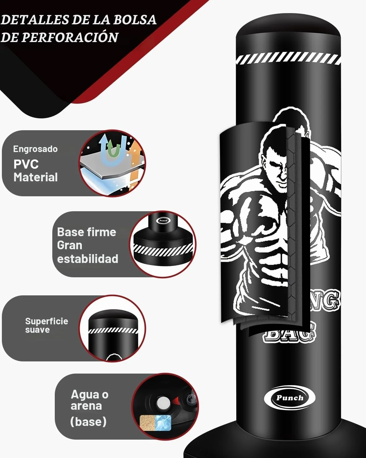 Saco de Boxeo para Adultos 180 cm Inflable Pesado con Soporte Kickboxing Artes Marciales Mixtas