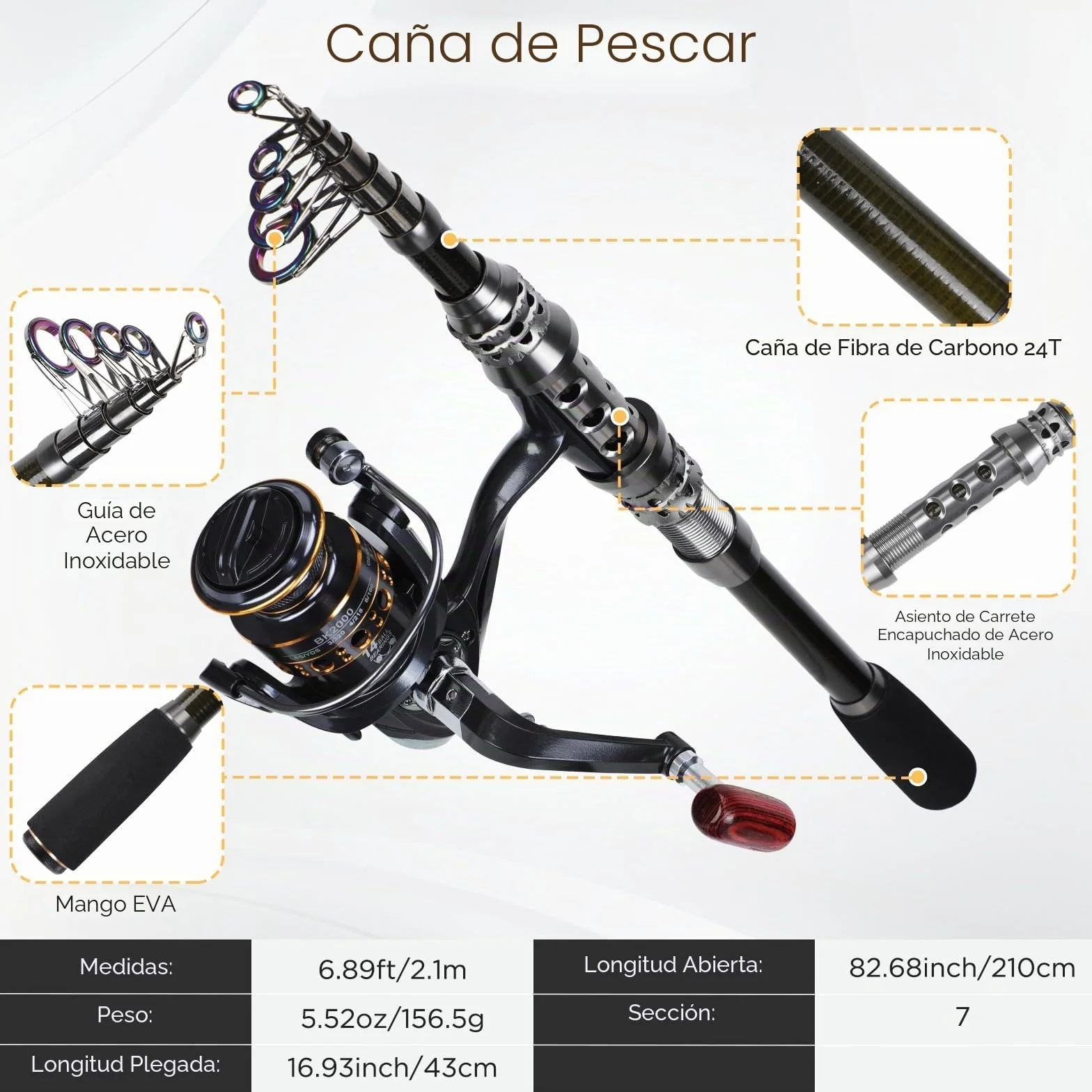 2.1M Juego de caña y Carrete Fibra de Carbono Combo de caña de Pescar telescópica y Carrete Giratorio con señuelos, Ganchos, línea y Bolsa de Transporte para Agua Salada y Agua Dulce