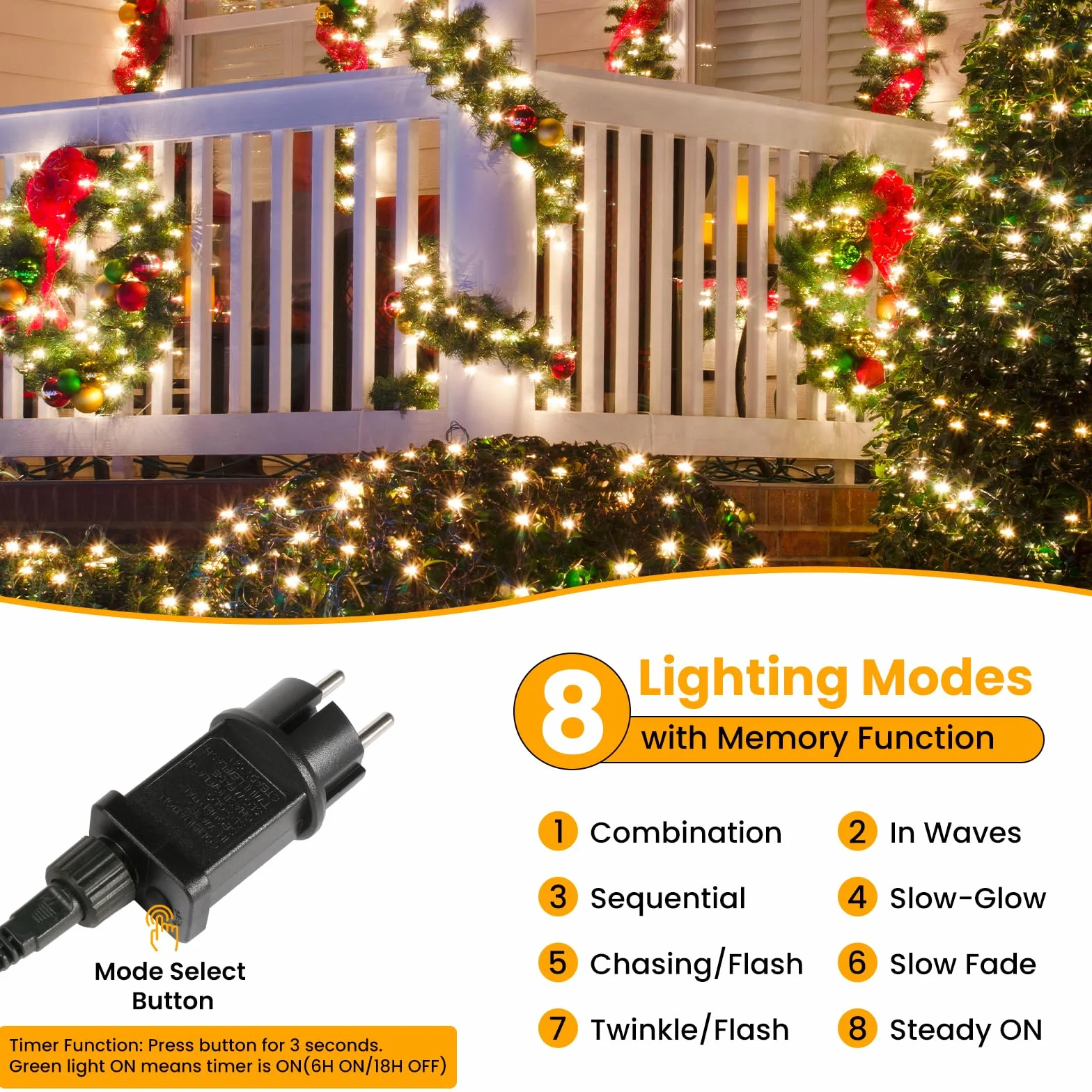 Luces Navidad LED 300 30 Metros 8 Modos Resistente al Agua Blanco Cálido