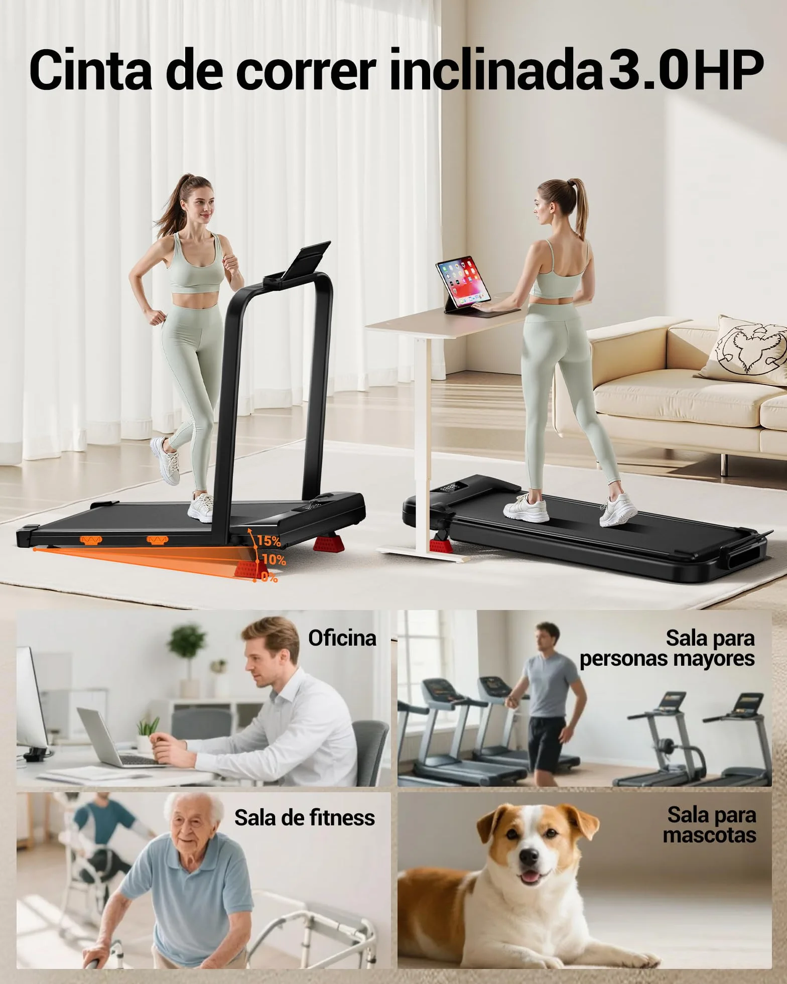 UMAY Cinta de Correr Plegable con Inclinación, Walking Pad,Amortiguación y Motor Silencioso de 3.0HP Cinta de Andar Plegable, 159 KG