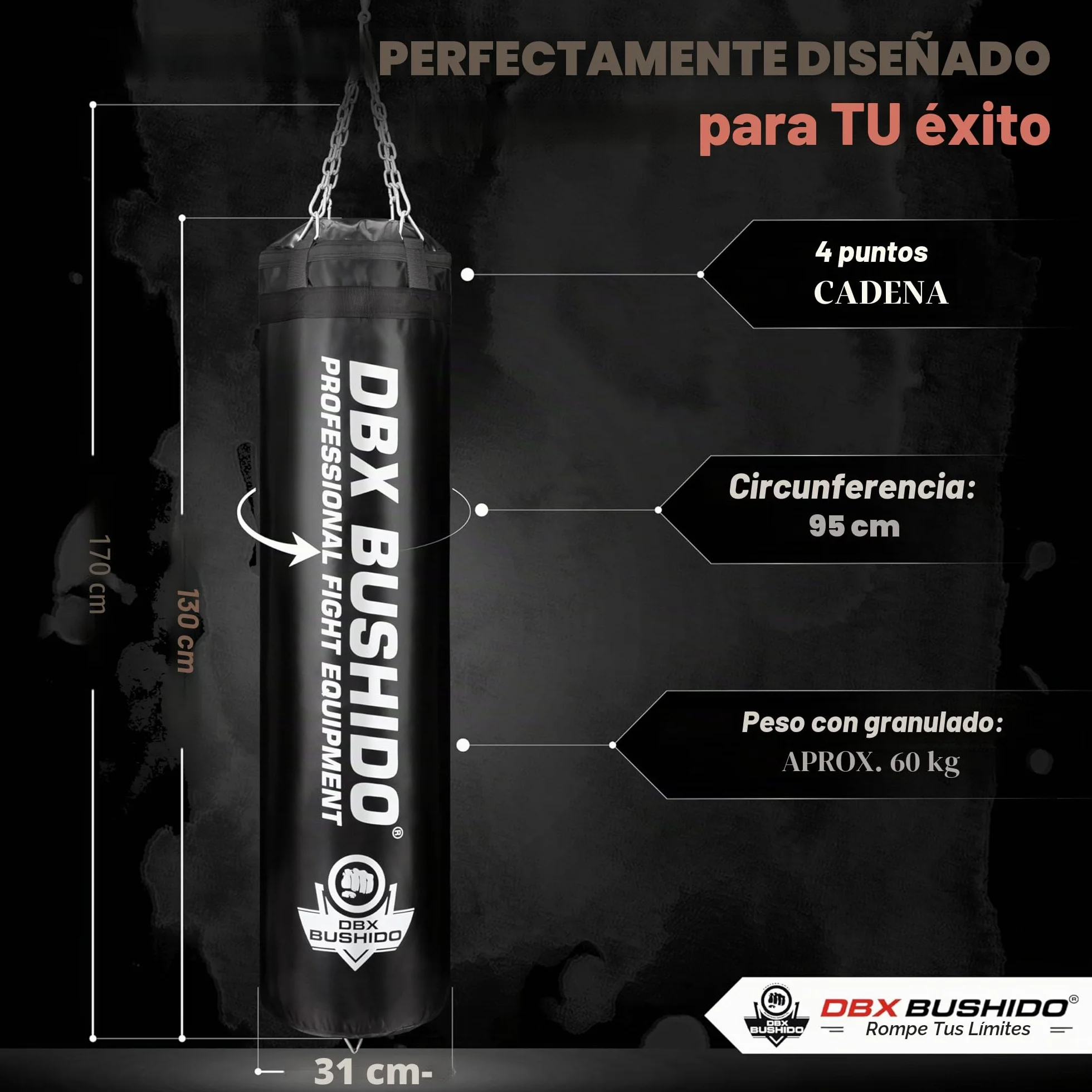 DBX BUSHIDO SPORT Saco de Boxeo Relleno con gránulos de Goma, 130 cm, Saco de 60 kg, Entrenamiento de Boxeo y Kickboxing, Bolsa de Punching…
