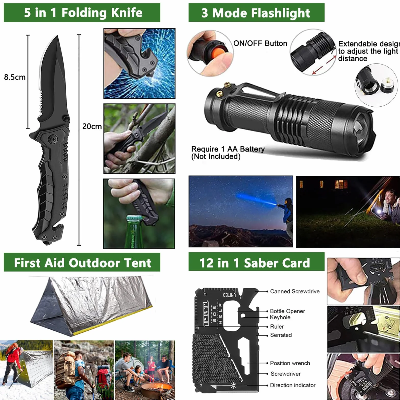 Kit de Supervivencia, Equipo de Emergencia, Kit Supervivencia con Hacha de Martillo Multifuncional, Kit de Emergencia para Viajar Caminar Acampar al Aire Montaña (Negro)