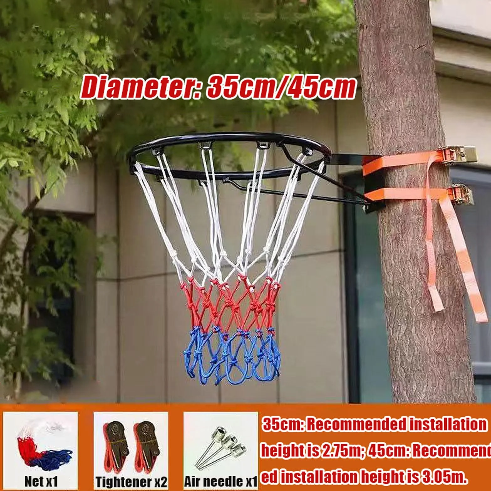 Aro de Baloncesto de Pared Exterior,Canasta Baloncesto Exterior Pared,Marcos De Red De Baloncesto Desmontable Portátil,con Correas Ajustables,para áRboles,Columna Redonda,Hierro