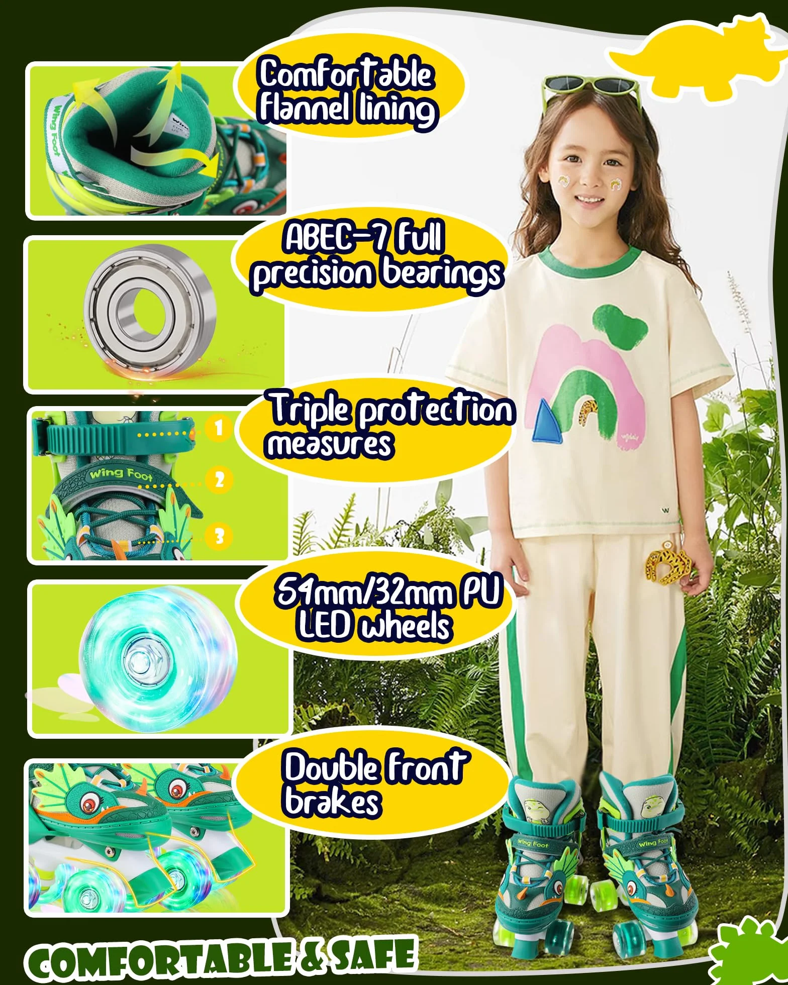 Patines para Niños Ajustables 4 Ruedas con Ruedas Luminosas Dinosaurio Quad Principiantes