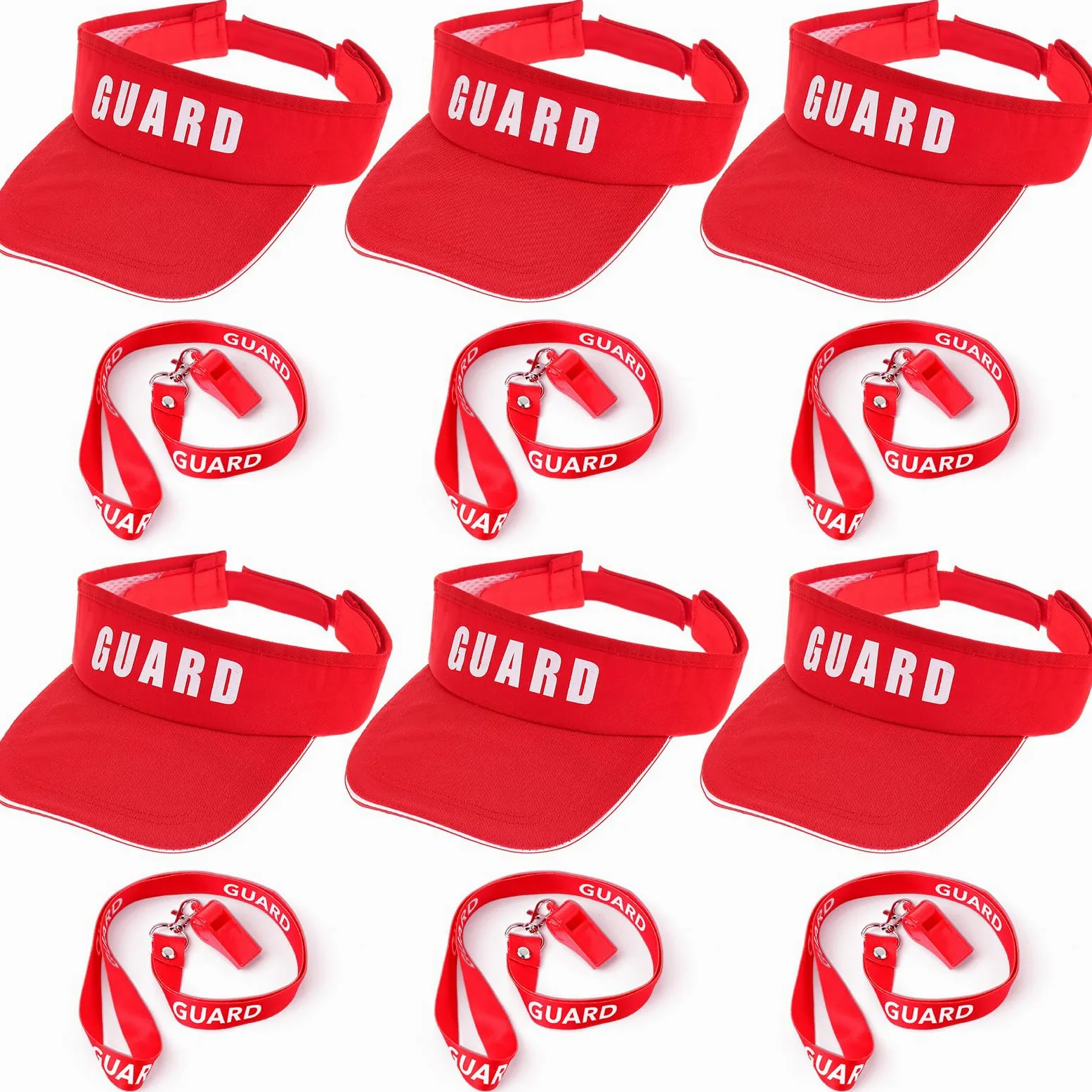 Juegos de sombrero de visera de guardia, silbatos de emergencia con cordón, sombrero de guardia rojo, gorras de visera para hombre y mujer
