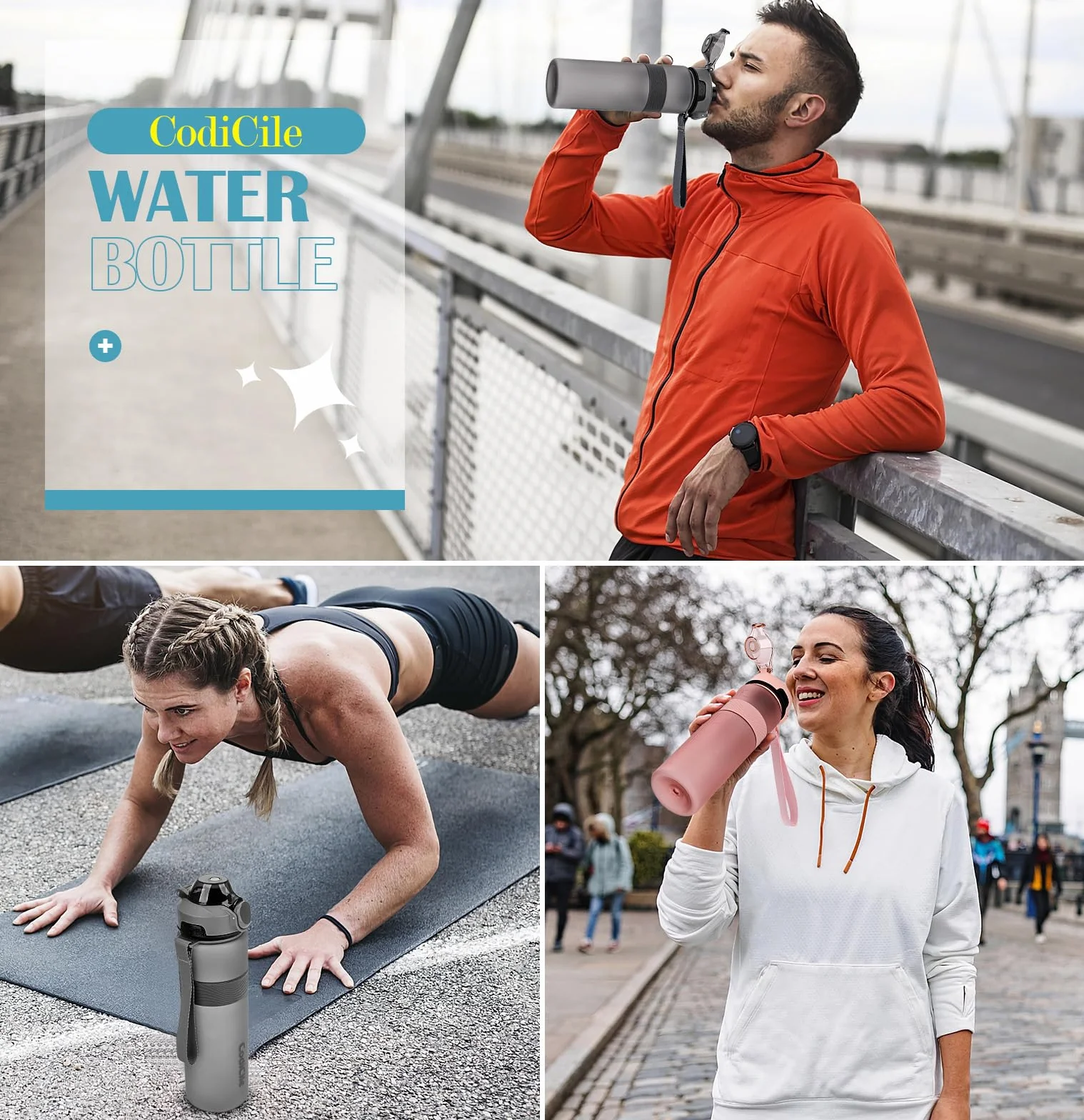 CodiCile Botella Agua, Botella de Agua Deportiva sin BPA, Botella Gimnasio a prueba de fugas, Botella agua 1 litro ideal para gym, escuela, oficina y viajes (Gris oscuro)