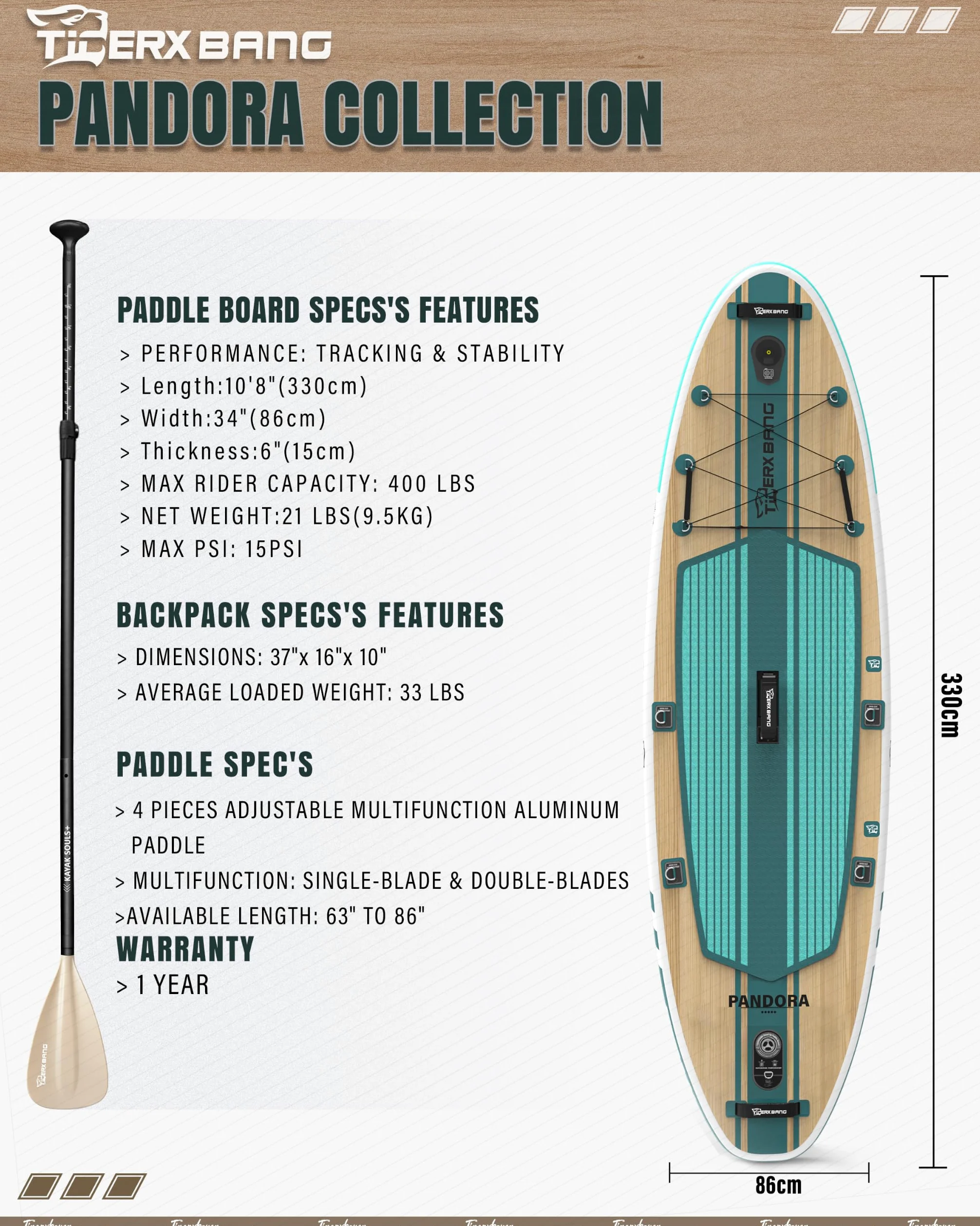 TIGERXBANG Tabla de surf hinchable de 330 x 86 x 15 cm, juego completo para adultos y jóvenes, iSUP extra ancha con juego de accesorios premium, color verde Pandora