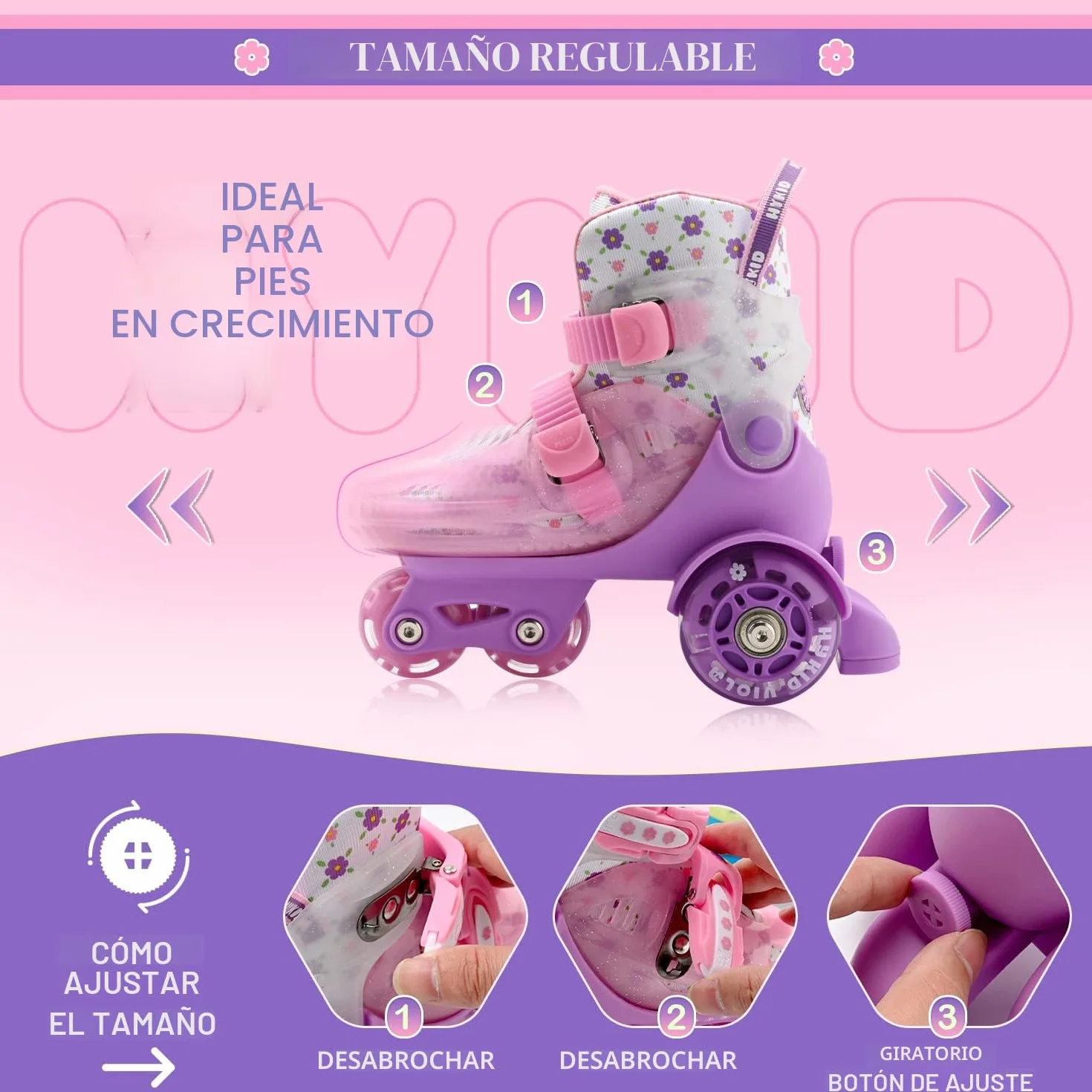 Patines 4 Ruedas Niña, 4 Tallas Ajustables 3-8 Años, Unicornios para Niñas Construcción de 3 Puntos Estable y Segura,Patines para Niños Principiantes Patinete