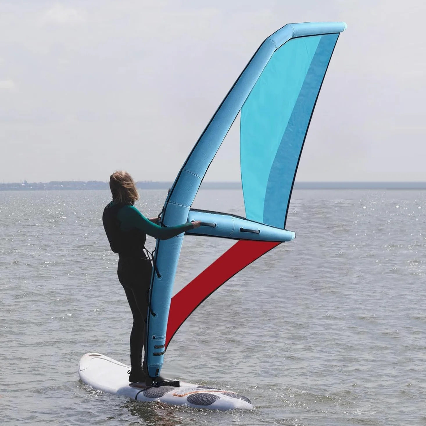 Vela Hinchable para Tabla De Paddle Surf con Rotación De 360°, Ideal para Windsurf, Superficie De Vela De 45,21 Pies², Azul Y Rojo, Diseño Duradero Y Portátil para Un Uso Sencillo.