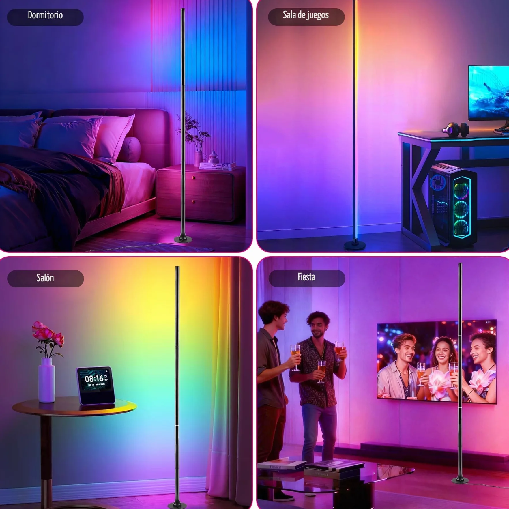 Lámpara de pie LED RGB con control por aplicación y mando a distancia, sincronización musical, 16 millones de colores