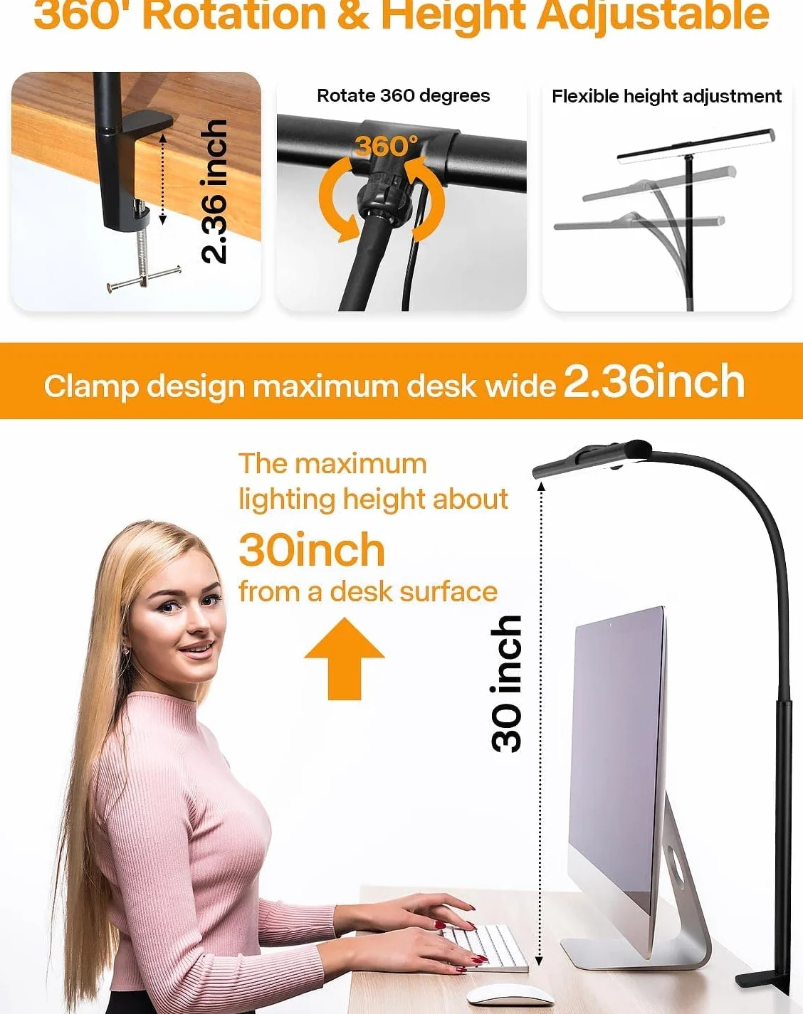 Kimimara Lámpara de Escritorio Pinza LED Flexo con Cuello de Cisne Regulable 5 Temperaturas 5 Niveles Brillo