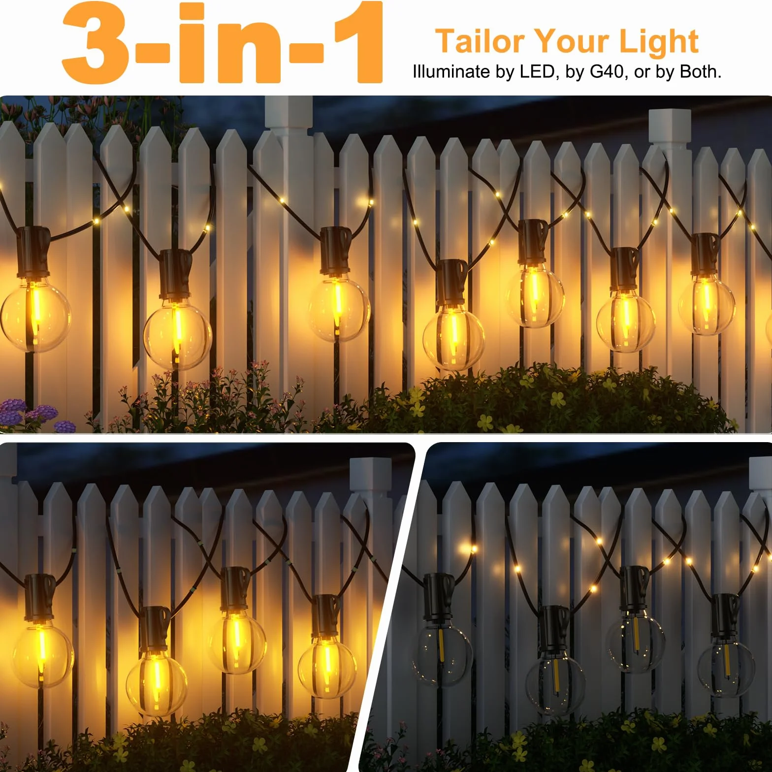 Guirnaldas Luces Exterior Solar 12M 39.4Ft Lámparas Solares de Jardín con 14+1 G40 Bombillas 26 Perlas LED 19 Modos Impermeable