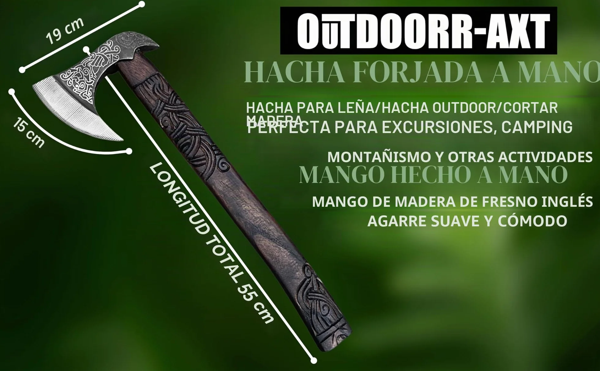 Hacha vikinga de lujo forjada a mano de acero al carbono y madera de fresno | Arte nórdico grabado