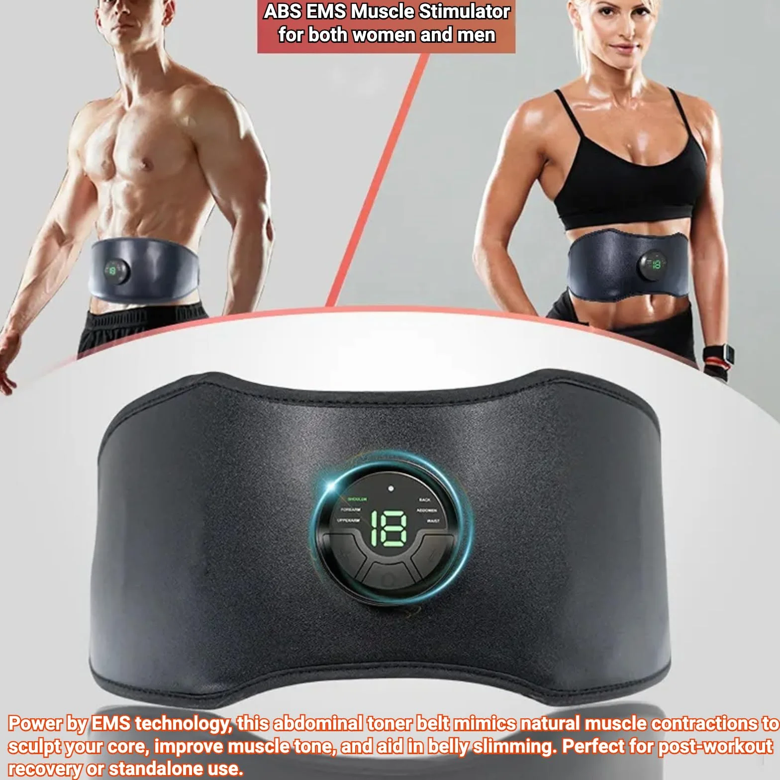 Cinturón EMS para abdominales y core | 6 modos, 18 niveles de intensidad, cinturón tonificador abdominal ajustable de 118 cm | Equipo de fitness para el hogar recargable por USB para mujeres y hombres