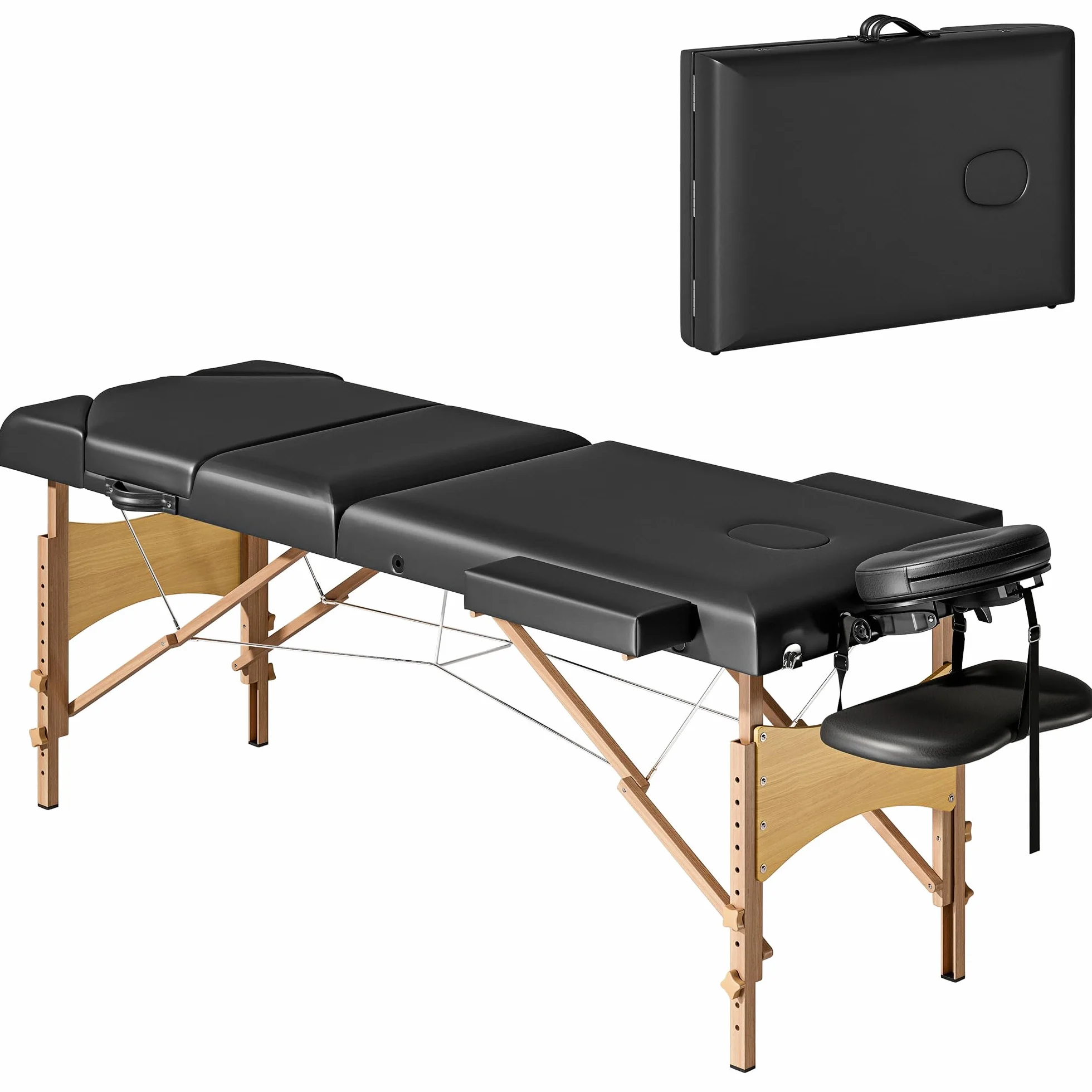 HOMCOM Camilla Masaje Plegable Portátil 3 Zonas Madera Altura Ajustable Reposacabezas Reposabrazos Acolchados SPA Tatuajes 215x60x62-89 cm Negro
