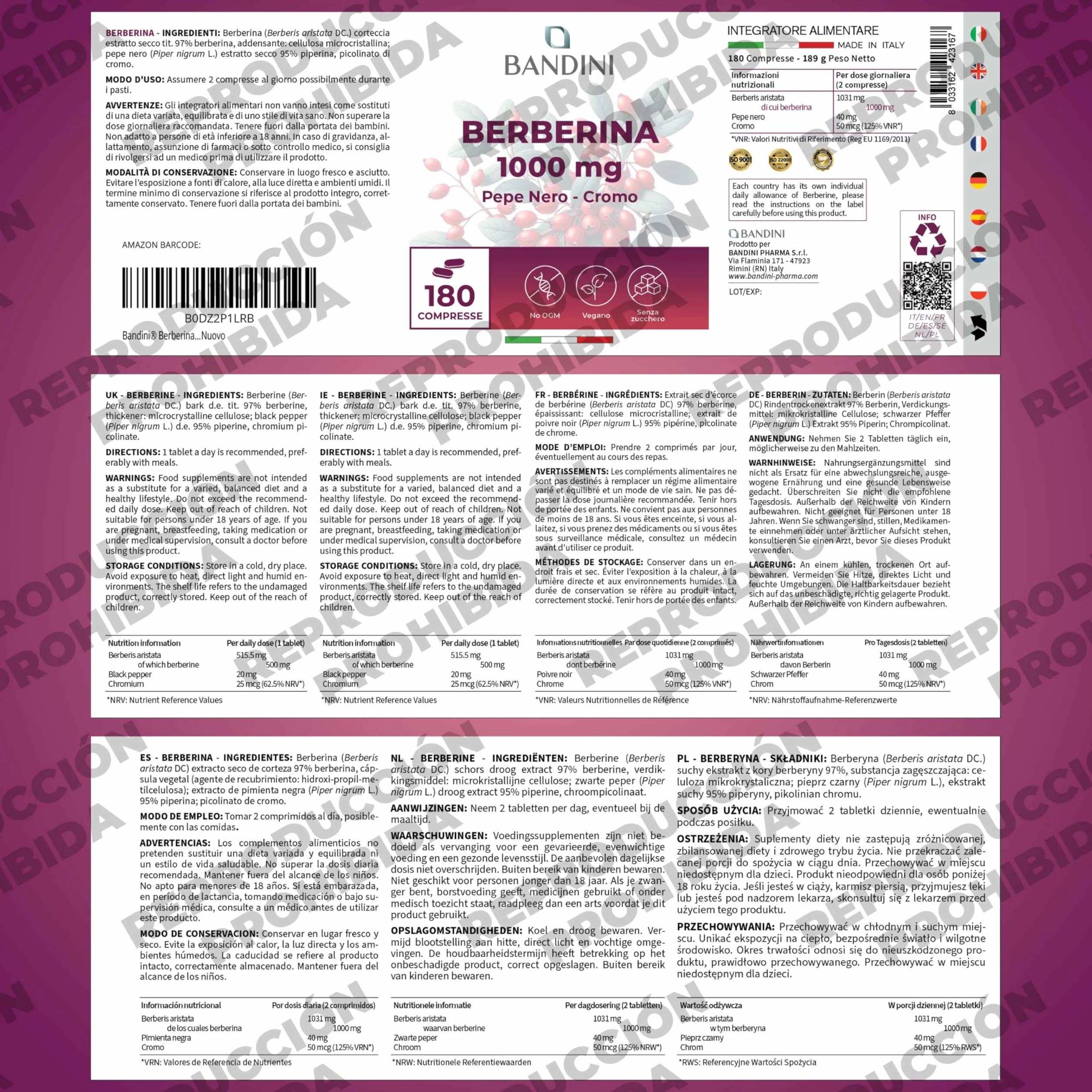 Bandini Berberina 1000mg 180 comprimidos veganos Berberis Aristata 97% Cromo Pimienta Negra