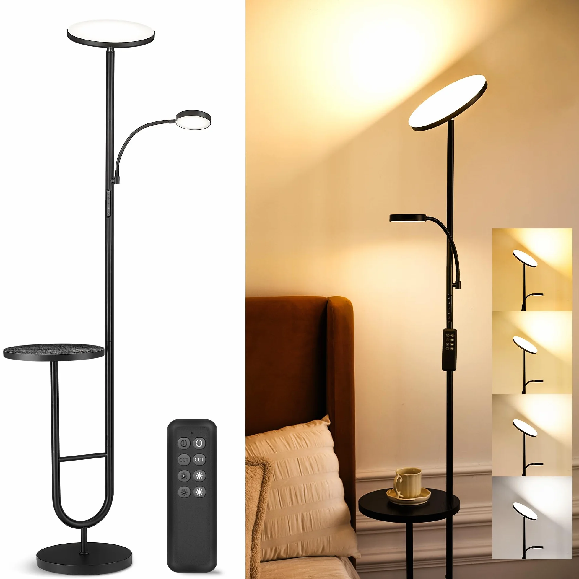 Lámpara de Pie LED 36W+7W Regulable 3200LM+600LM con Mando Cabezal Giratorio 350° 2700K-6500K Negra