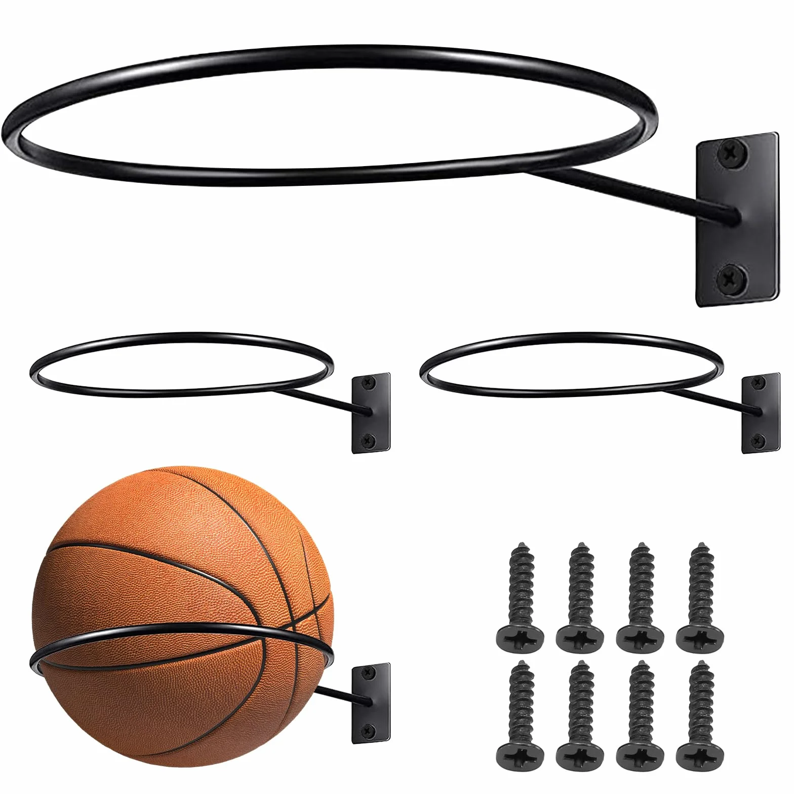 Soporte para Balones de Pared 4 Unidades, Soporte Metálico Resistente para Baloncesto Fútbol Voleibol y Rugby, Accesorios de Almacenamiento Deportivo con Tornillos Incluidos