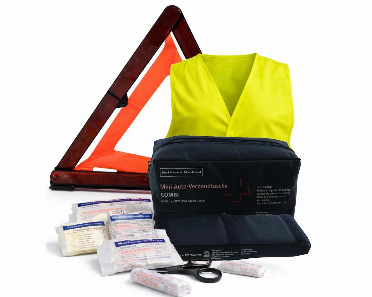 2EXTREME Botiquín Mini DIN 13164 3 en 1, chaleco, triángulo, coche, moto | Set compacto, bolsa de nylon azul, 220×150×80 milímetros; compatible con automóvil, motocicleta, scooter, quad y todoterreno