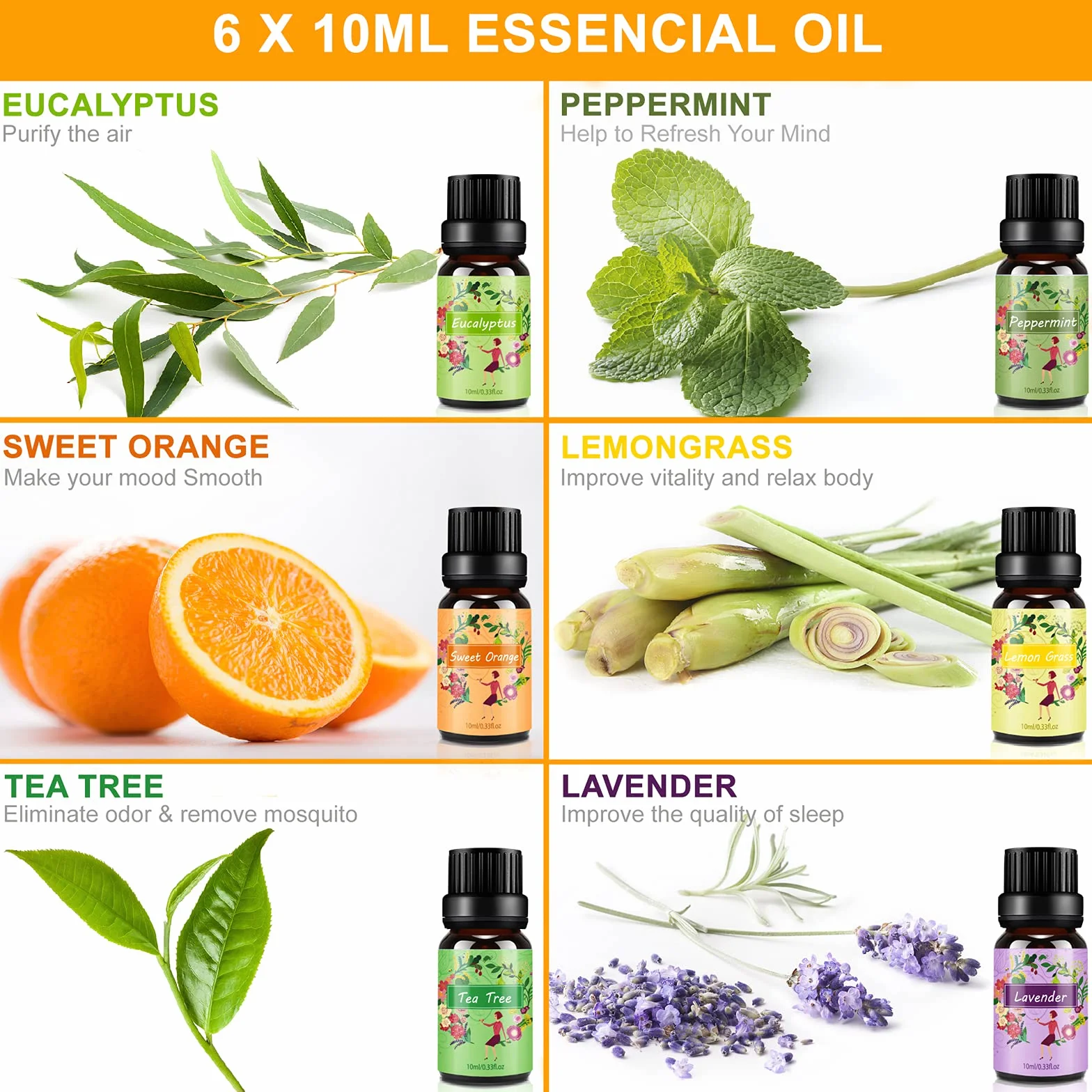 Set de Aceites Esenciales 100% Natural para Difusor, 6 x 10 ml, Aromaterapia