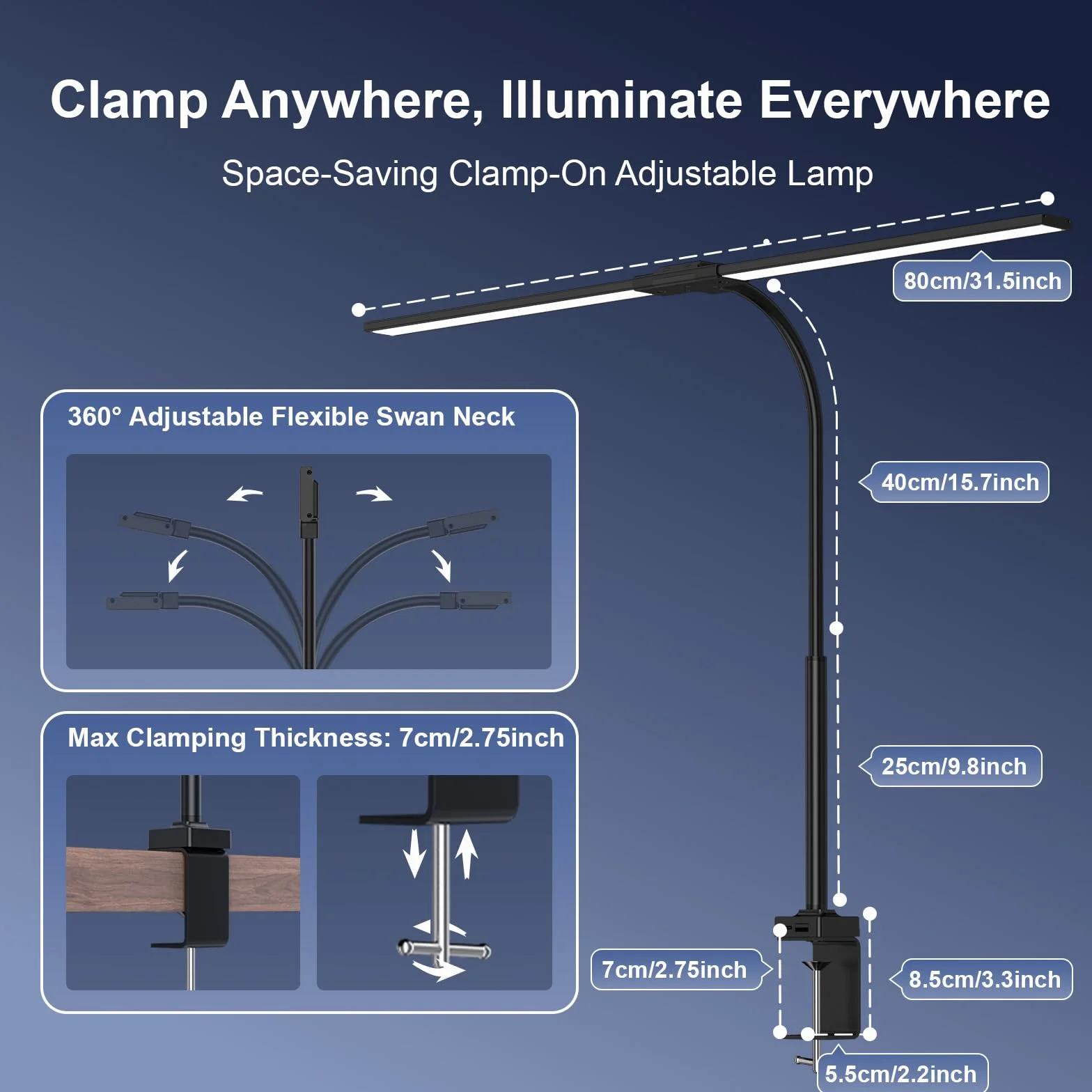 Lampara de Escritorio LED 24W 1500LM 80CM Flexo con Control Remoto Puerto USB Negro