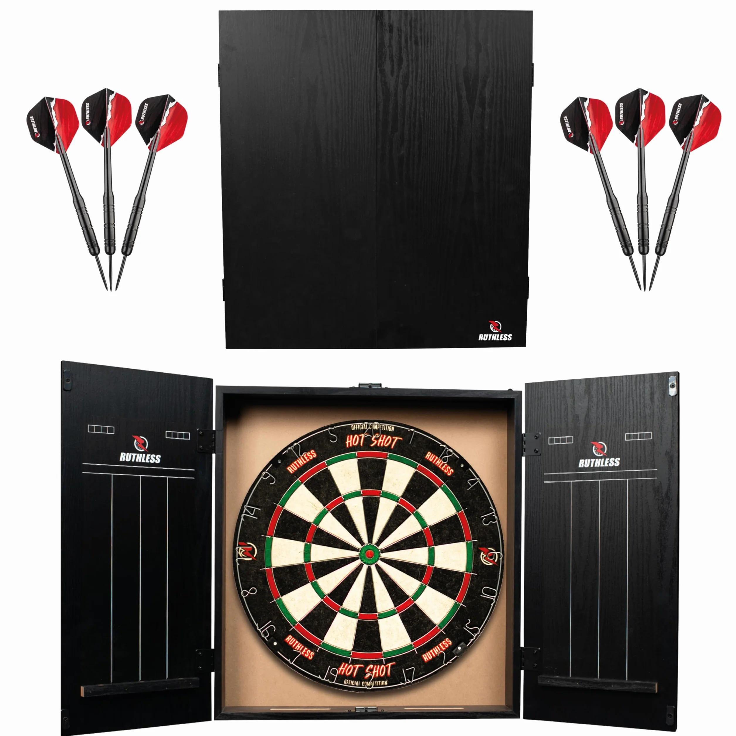 Ruthless Centro de dardos para el hogar, opciones de luz LED, centro de tablero de dardos para el hogar, incluye gabinete, diana y 2 juegos de dardos (USB)