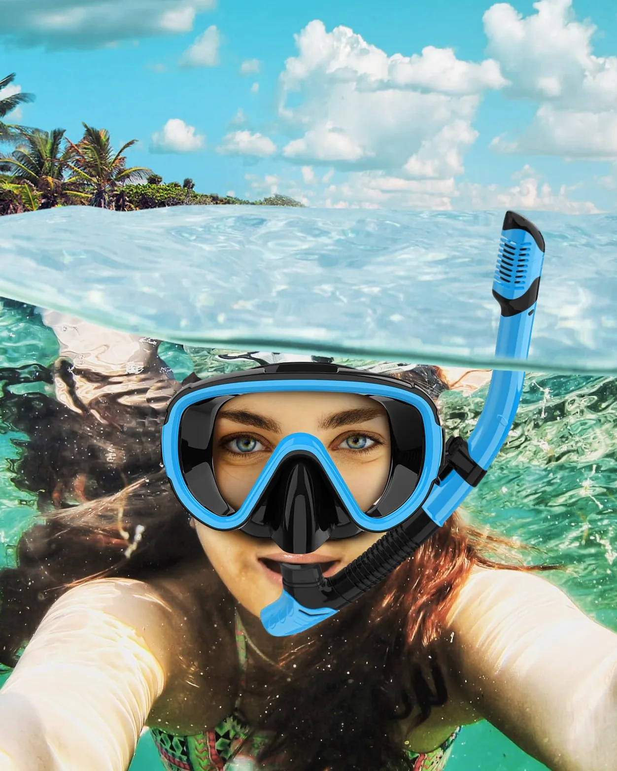 Juego de 2 máscaras de esnórquel secas para adultos, máscara de buceo, gafas de natación, máscara de buceo, cubierta de nariz, buceo libre, (azul cielo + verde)