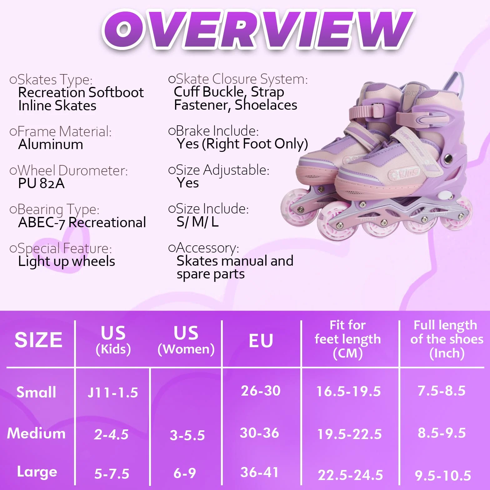 Patines en línea Ajustables para Niños y Niñas, 4 Ruedas con Ruedas Luminosas, Rosa Violet