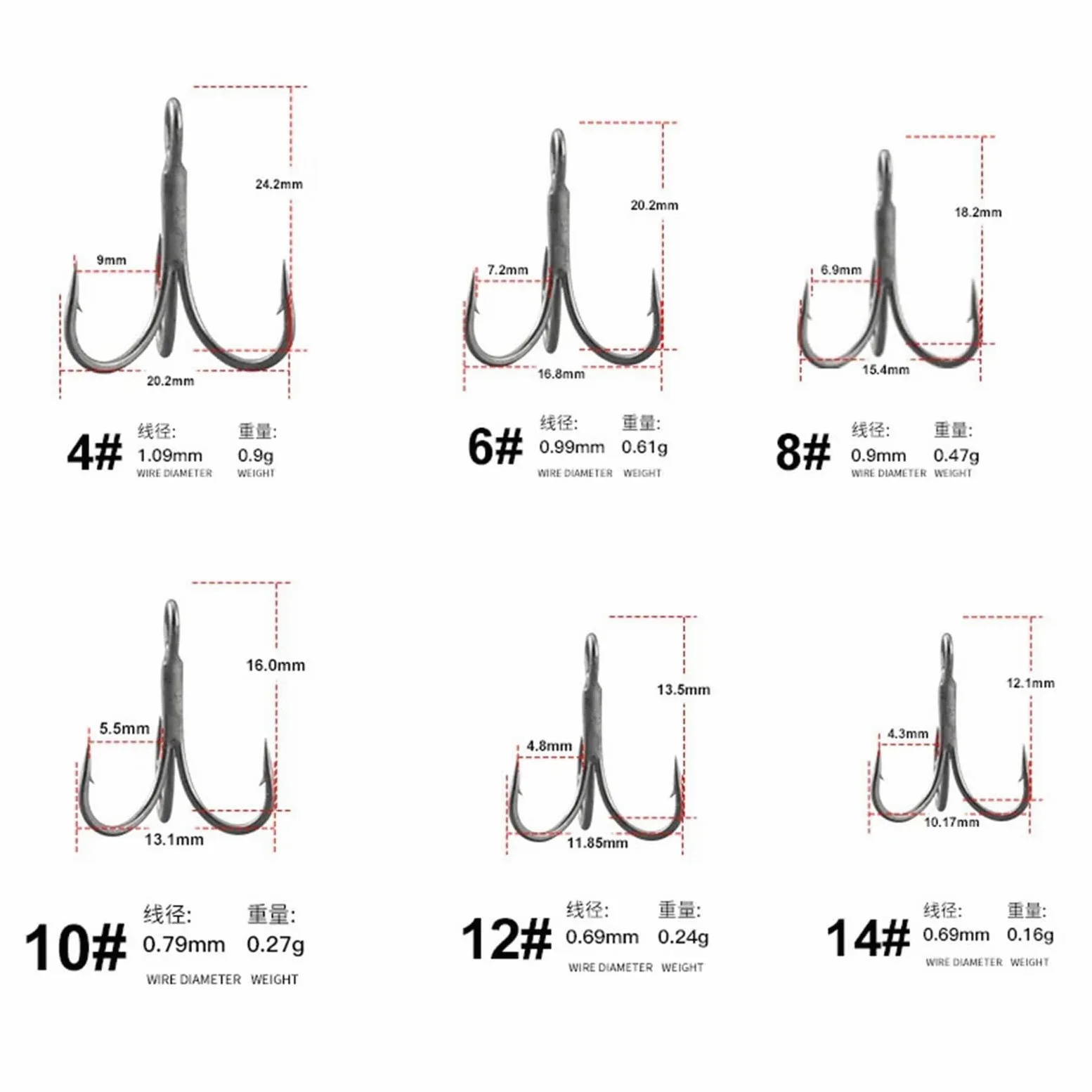 Anzuelos de Pesca 100 Uds anzuelos triples 14# 12# 10# 8# 6# 4# 2# Pesca Suave