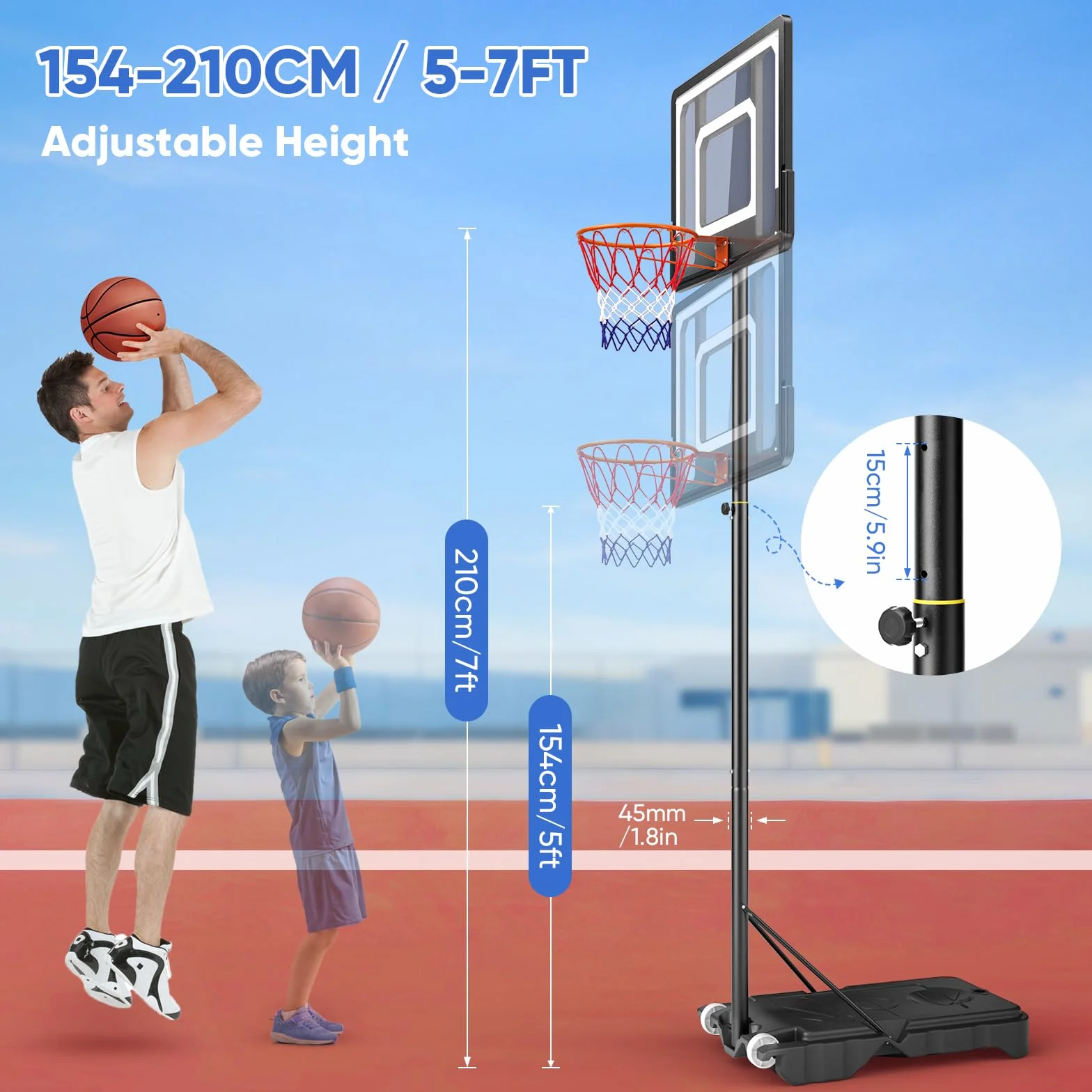 Canasta de Baloncesto, Altura de la Canasta de 128 a 305 cm, Soporte de Baloncesto con Tablero de 111x72cm, Adecuada para Adultos y niños