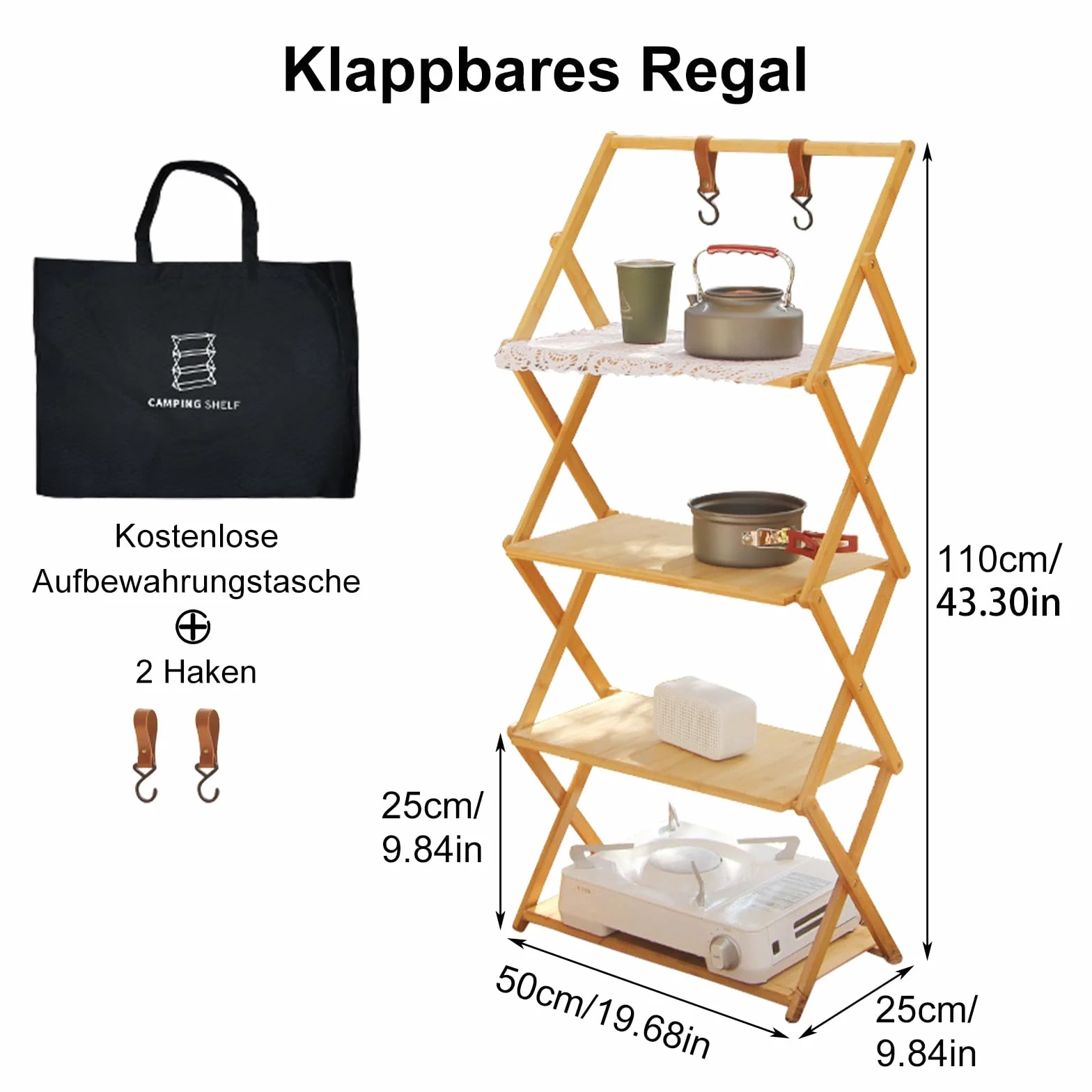 Estantería plegable de bambú, para camping, para exteriores, cocina, camping, barbacoa (4º piso, elevado)