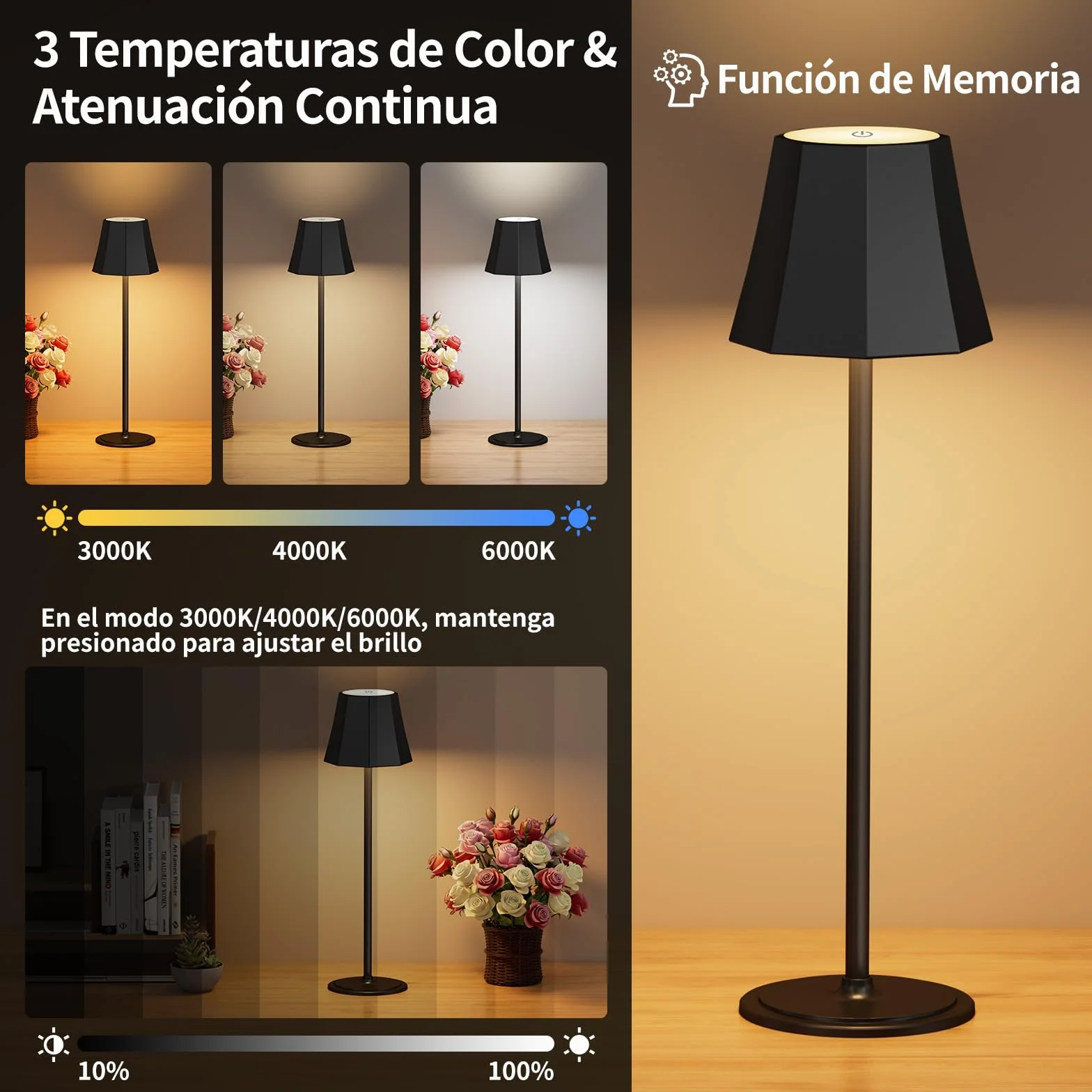 Suright Lámpara de Mesa Sin Cable 3 Temperaturas de Color RGB Recargable Brillo Ajustable 2 Alturas IP54 Impermeable