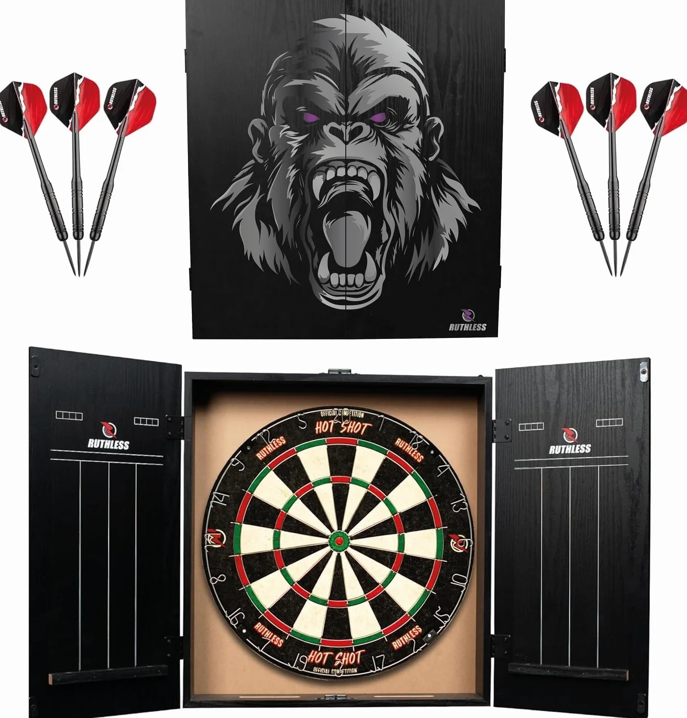Ruthless Home Darts Centre | Centro completo de tablero de dardos para el hogar, incluye gabinete, diana y 2 juegos de dardos