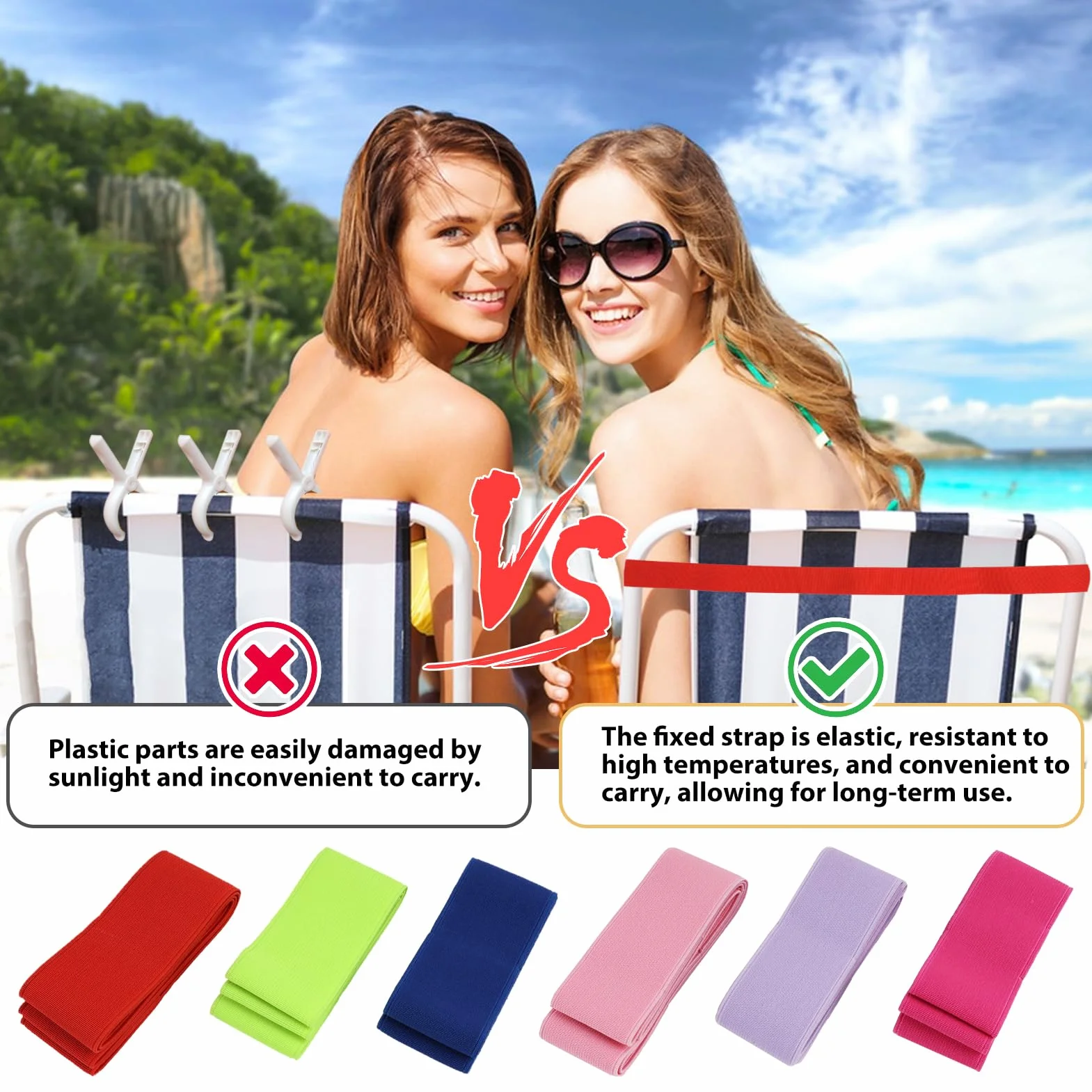 Paquete de 6 bandas de toalla para crucero, playa, tumbona, piscina, sillas de piscina, clips de toalla elásticos extra duraderos, sin broches, accesorios esenciales para cruceros y playa