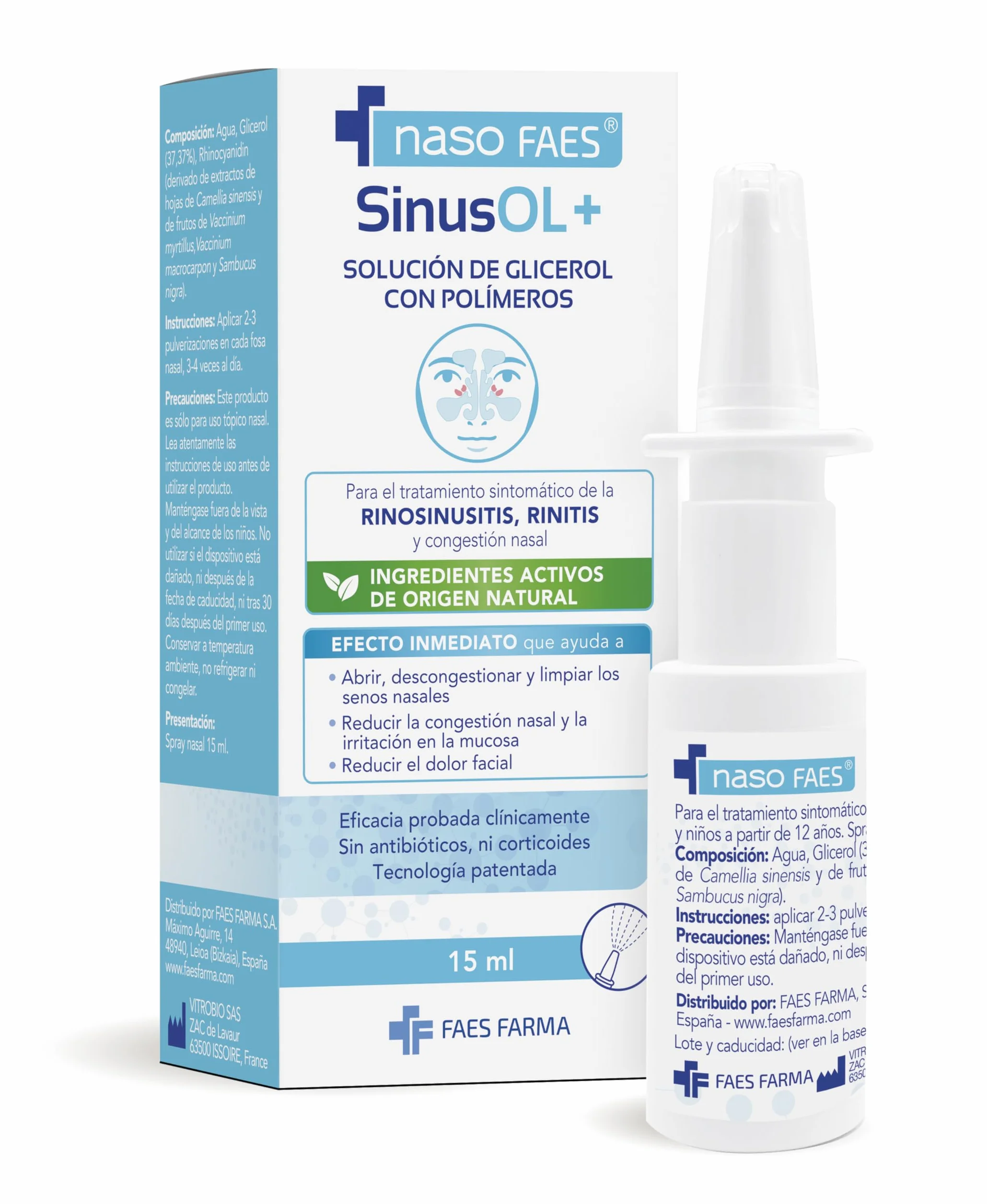 SinusOL+ Spray Nasal con Glicerol y Polifenoles Naturales, Tratamiento Rinosinusitis - 15 ml