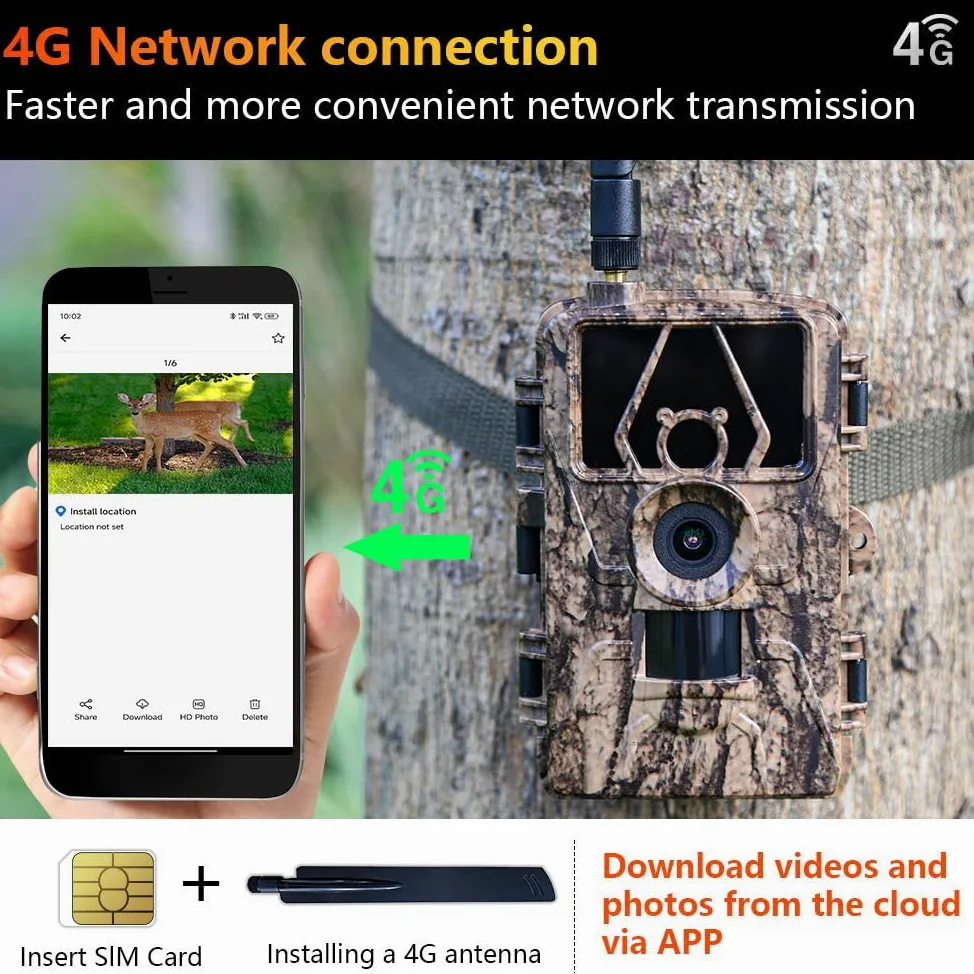 Cámara de Caza 4G LTE con App y Tarjeta SIM, 8K 60MP Camara Fototrampeo, Camara Caza Nocturna con IR Invisible, Sensor 0.2s de Tiempo Activación, IP66 Prueba de Agua para Monitoreo de Vida Silvestre