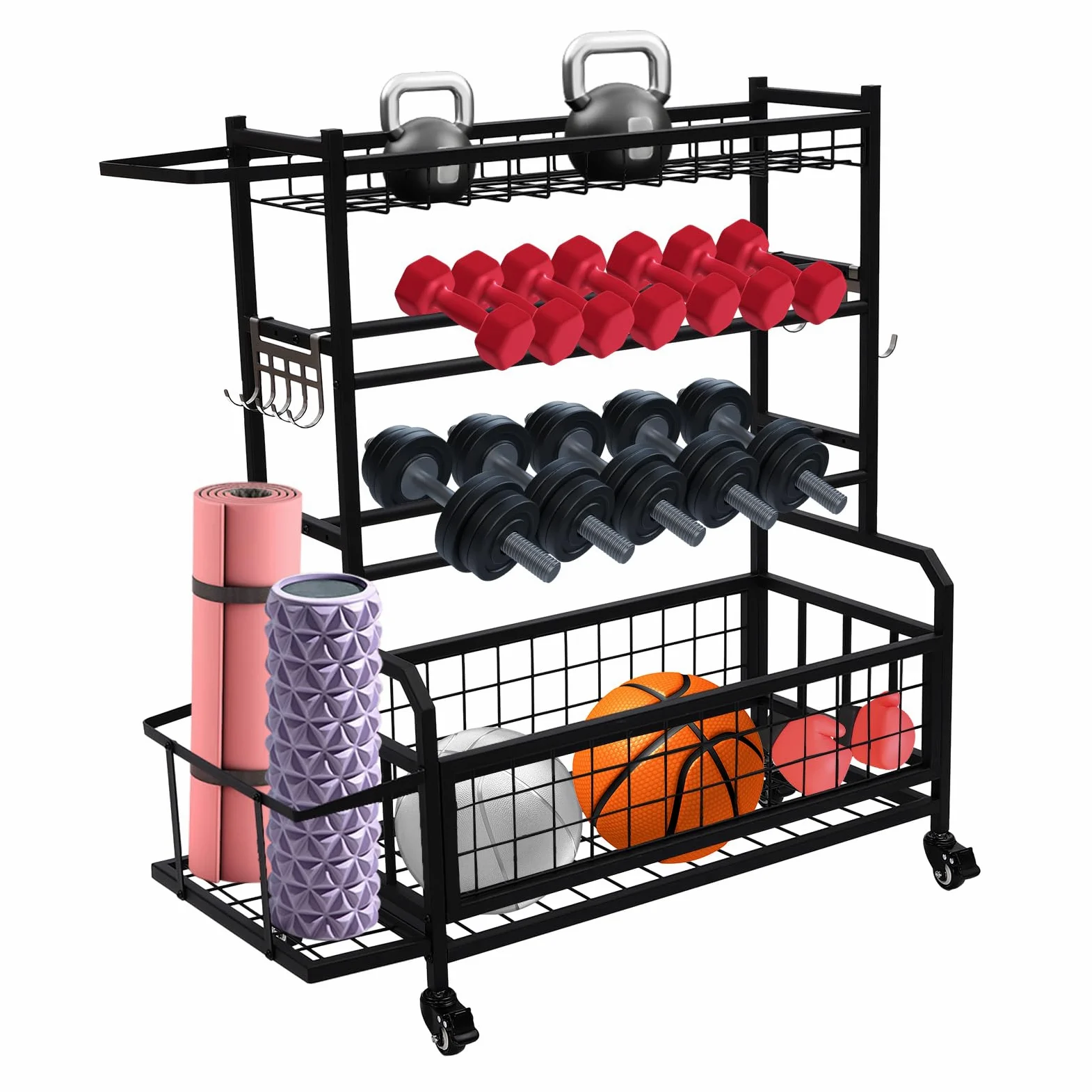 Soporte para pesas, soporte multifuncional para aparatos de fitness con ruedas y freno, soporte de acero ajustable para gimnasio en casa con cestas de almacenamiento y ganchos, 136 kg, organizador