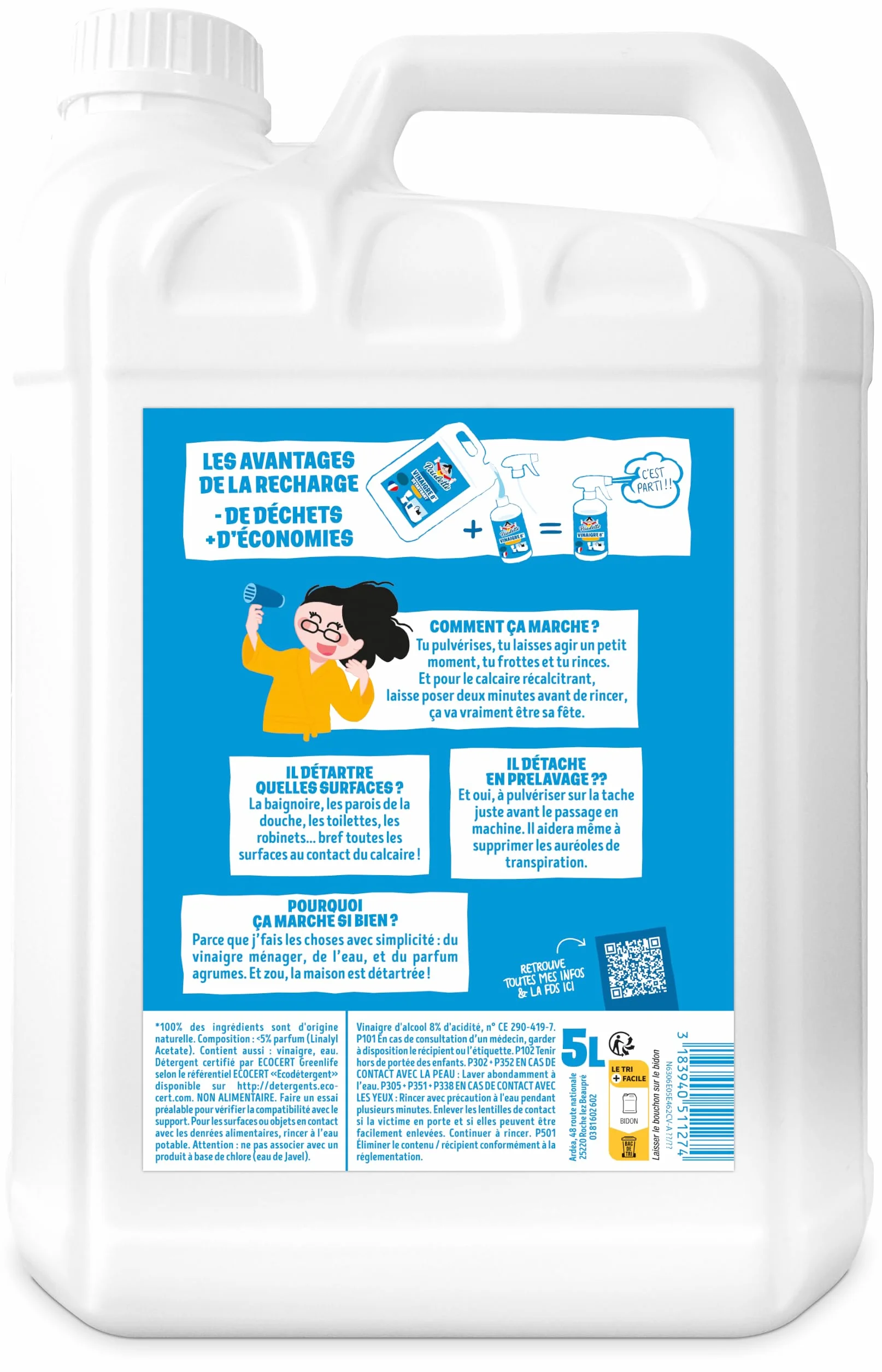 Paulette Vinagre Ménager Limón Descalcificador Multi-Surfaces Ecocert 5 L Producto de limpieza antical