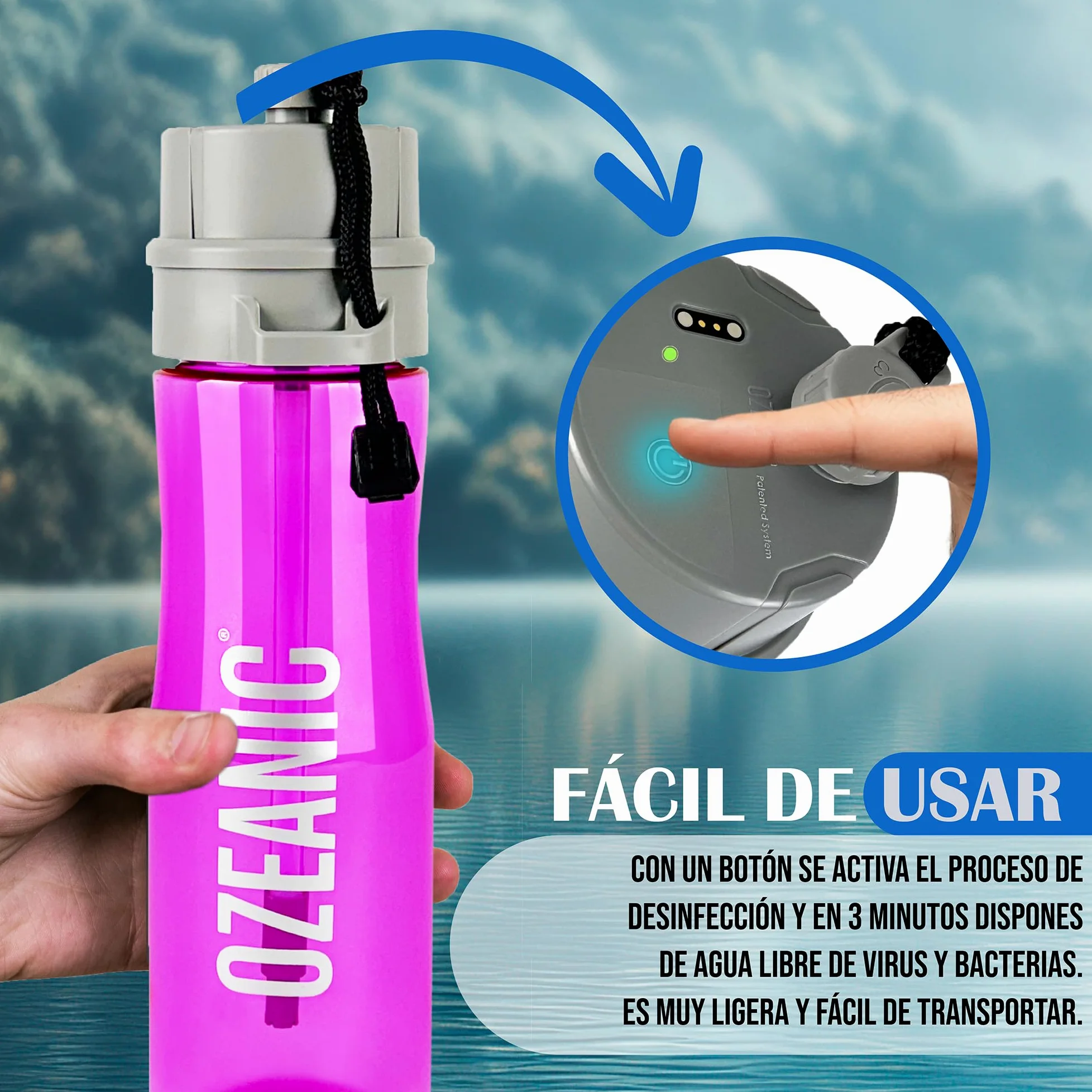 EcoBottle 2.0 750 ml Rosa – Botella Purificadora de Agua Reutilizable | Ozonizador de agua portátil | Elimina virus y bacterias | Sin filtros