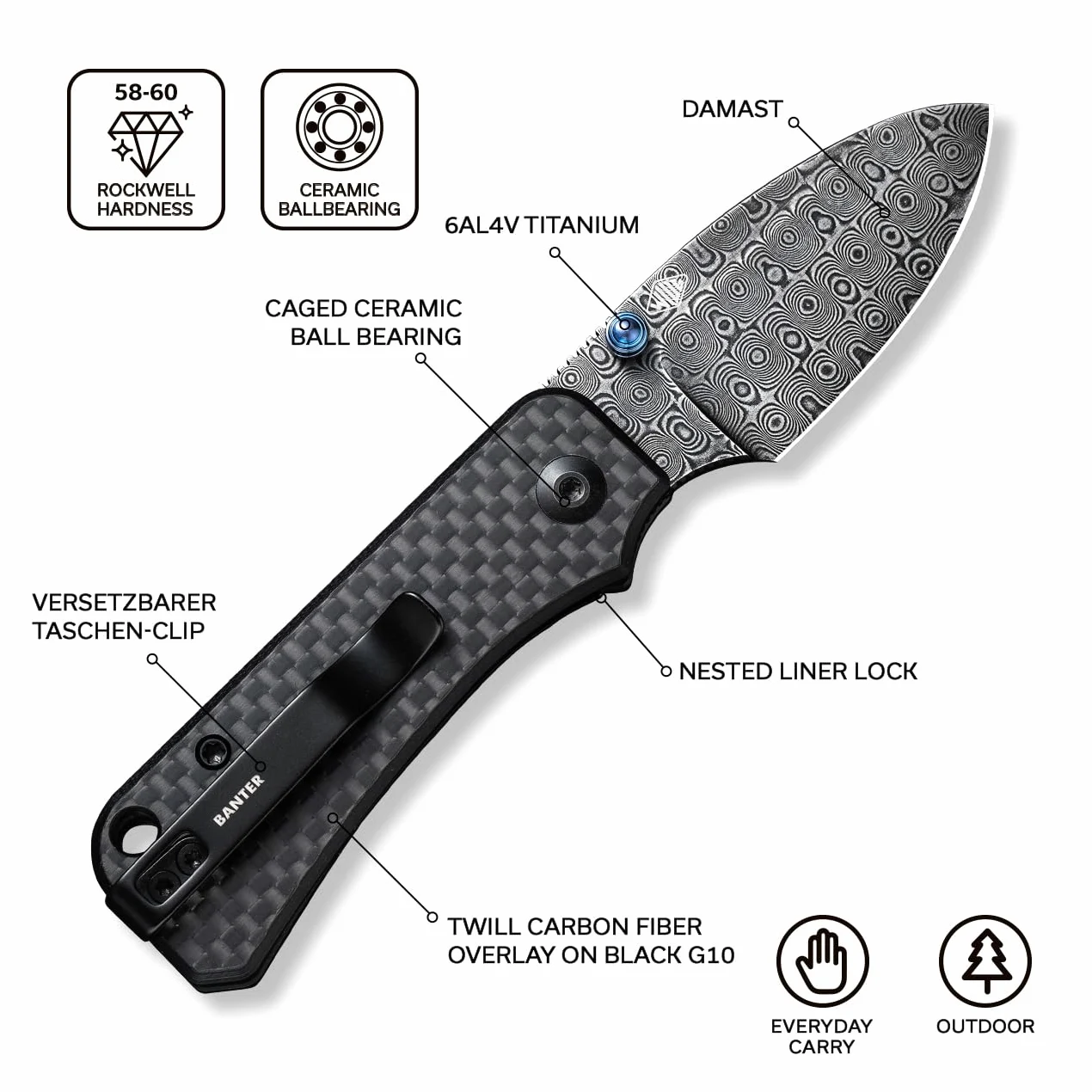 CIVIVI Baby Banter Small Folding Pocket Knife with 5.94CM Damascus Blade | EDC Knife with Clip, Black G-10 Handle, for Outdoor Camping Hiking Gifts C19068S-DS1